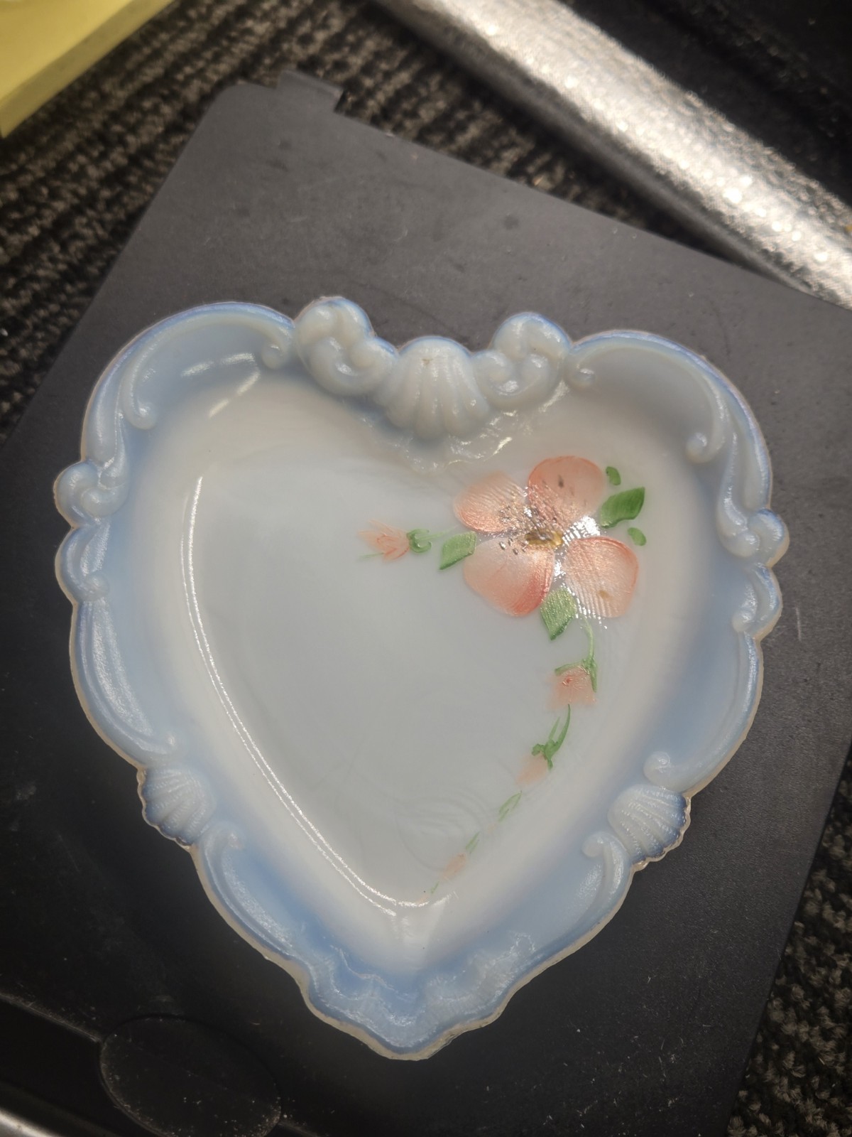 Heart Shaped EAPG Milk Glass Trinket Pin Dish Handpainted Pink Flowers**60-13 Heart Shaped EAPG Milk Glass Trinket Pin Dish Handpainted Pink Flowers**60-13