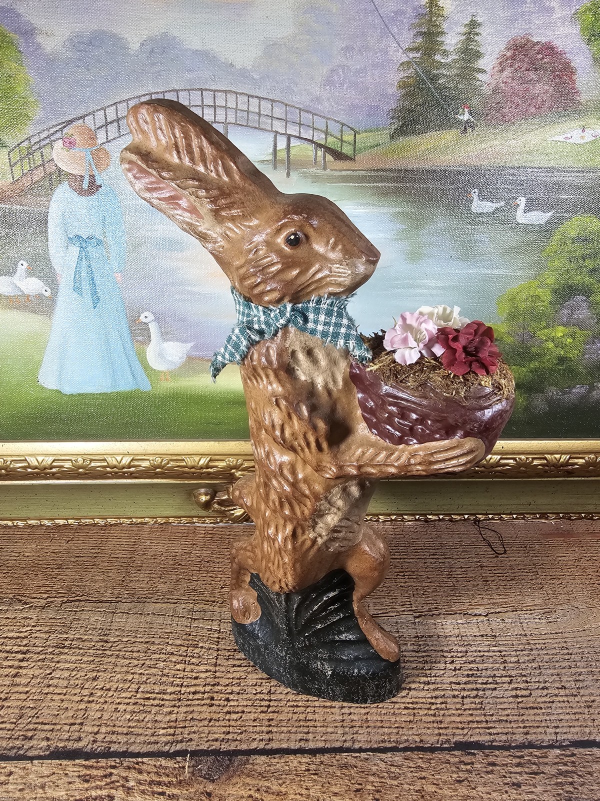 VTG Easter Bunny Carrying Basket Of Flowers W/ Scarf, 12