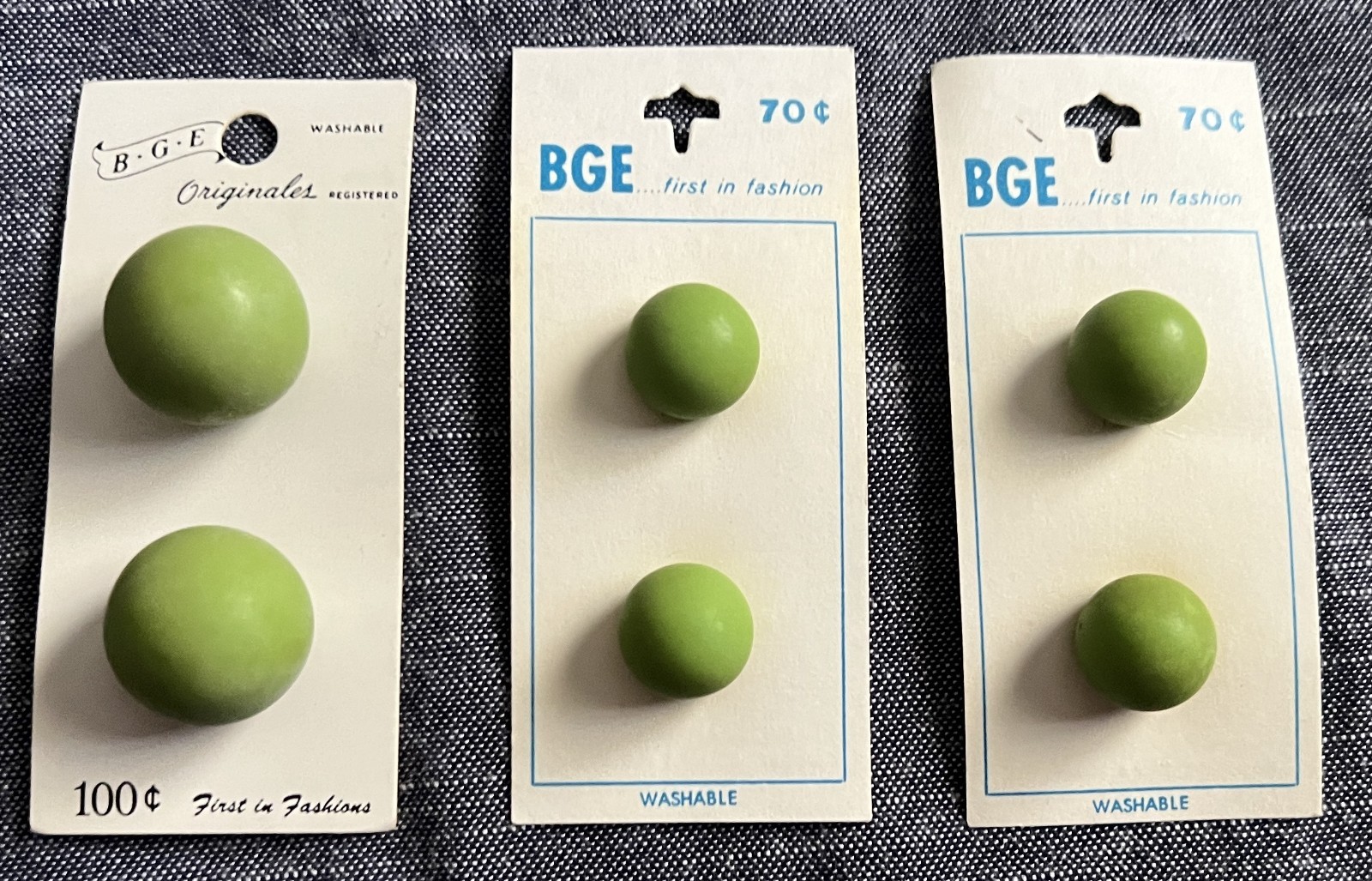 BGE Vintage Buttons 3 New Cards of 6 Buttons Shank Green Balls Made in Holland