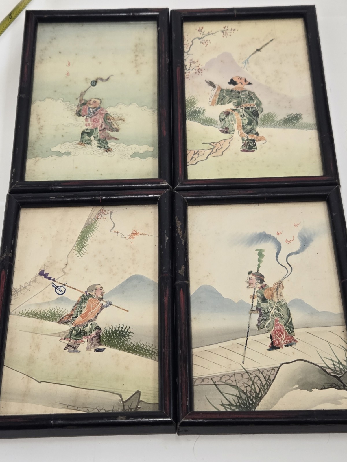 Framed Chinese Stamp Collage Art Set of 4 Early 1900s Postage Stamp Folk Art Vnt