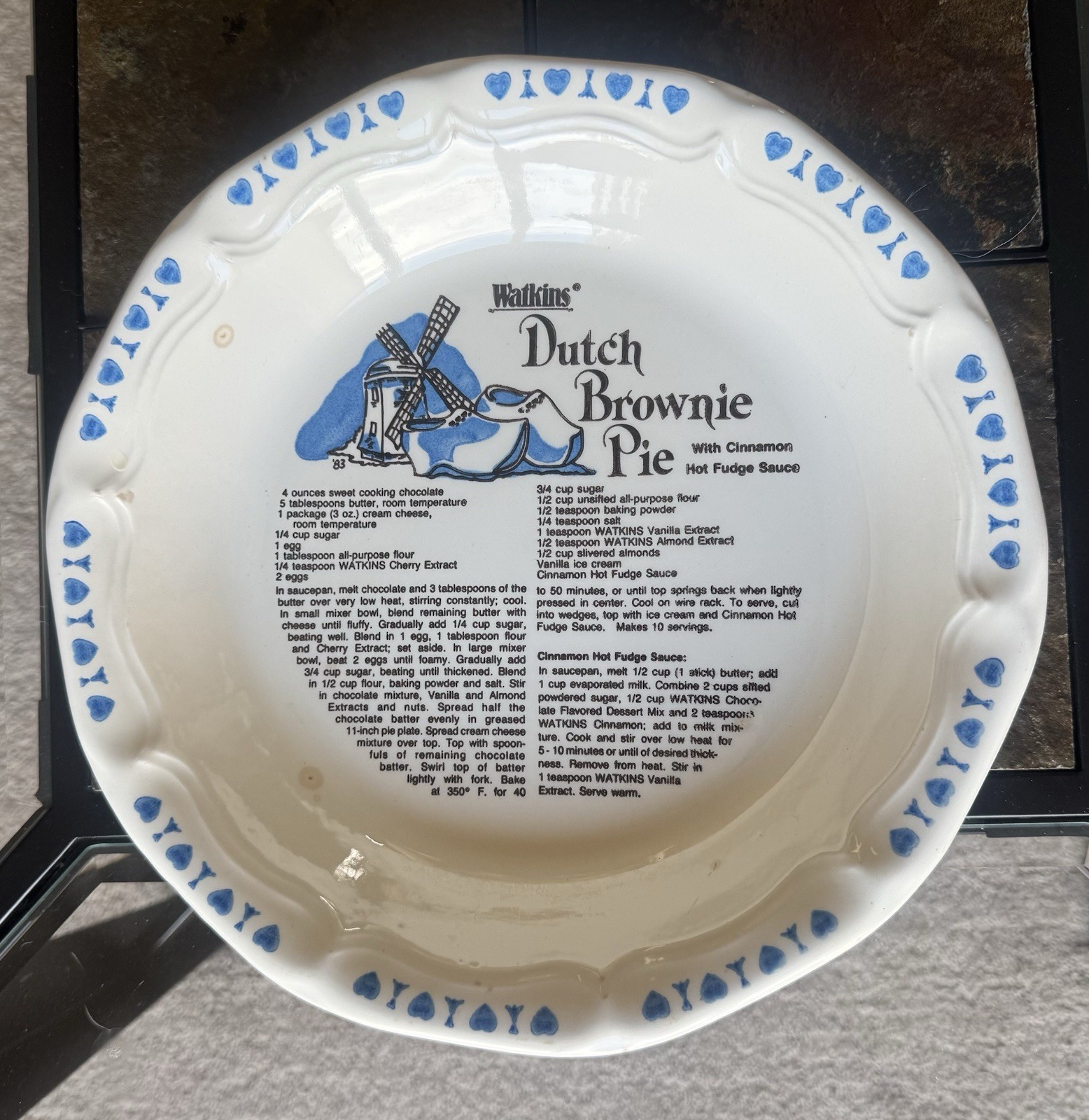 Vintage Watkins Dutch Brownie Pie Ceramic Recipe Pie Plate Blue Windmill 11