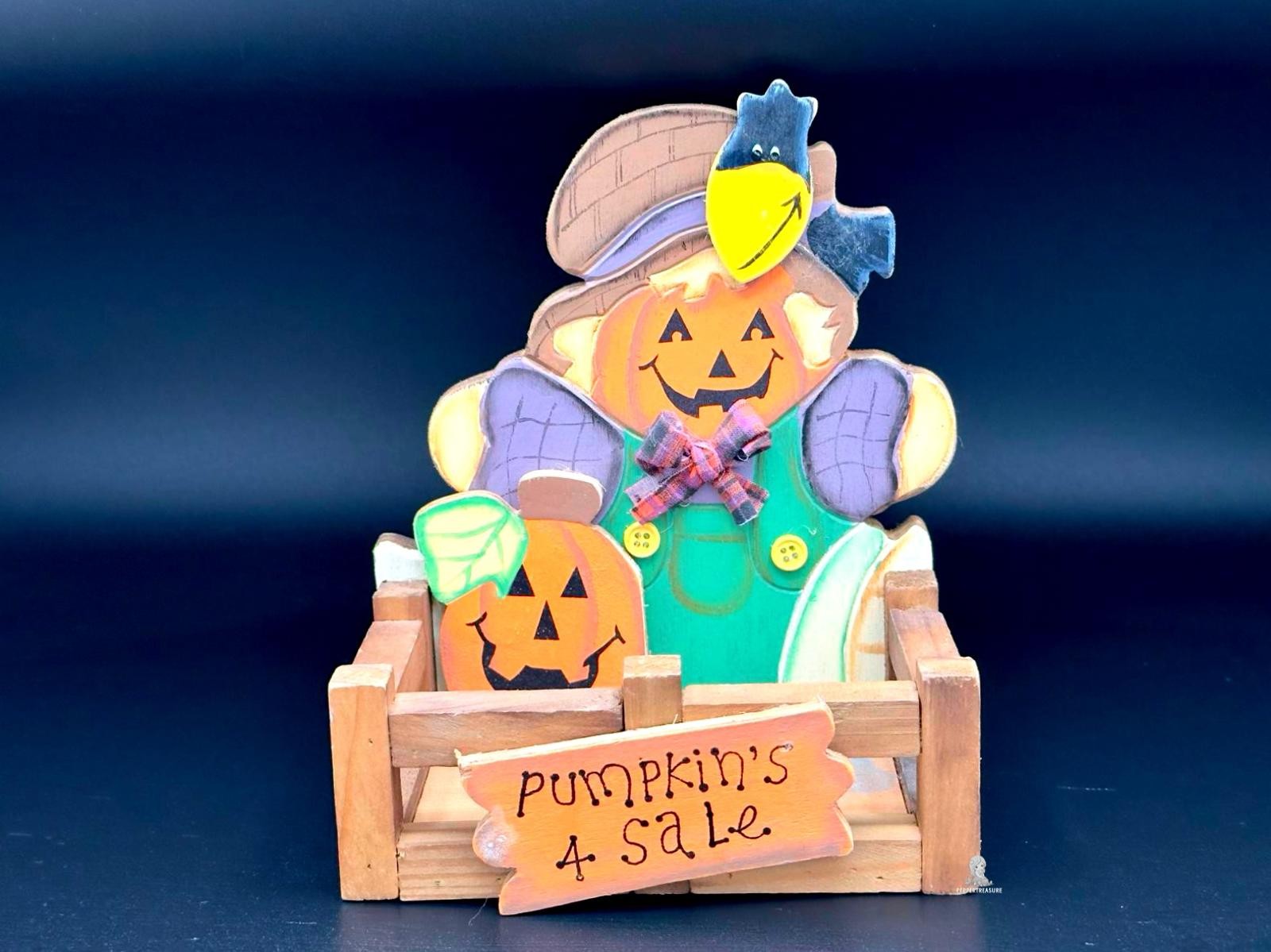 Vintage Wooden Halloween. Scarecrow Pumpkin Trinket Stationary Holder 