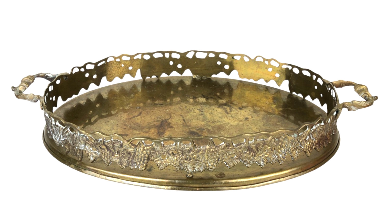 Brass Oval Gallery Serving Tray Pierced Grapevine Decorative Handles 16 x 11 x 3