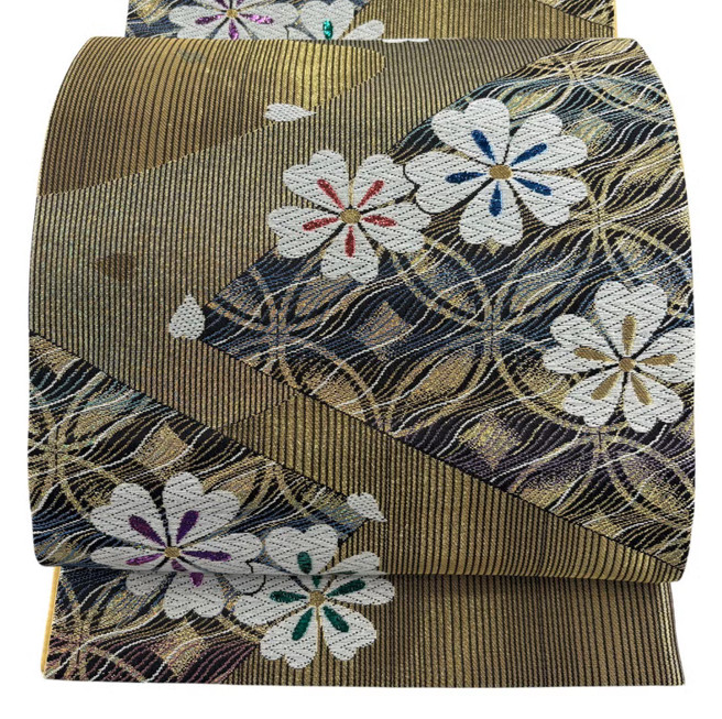 Vintage Japanese Silk Fukuro Obi Gold Cherry Blossom Shippo Gold Thread Foil