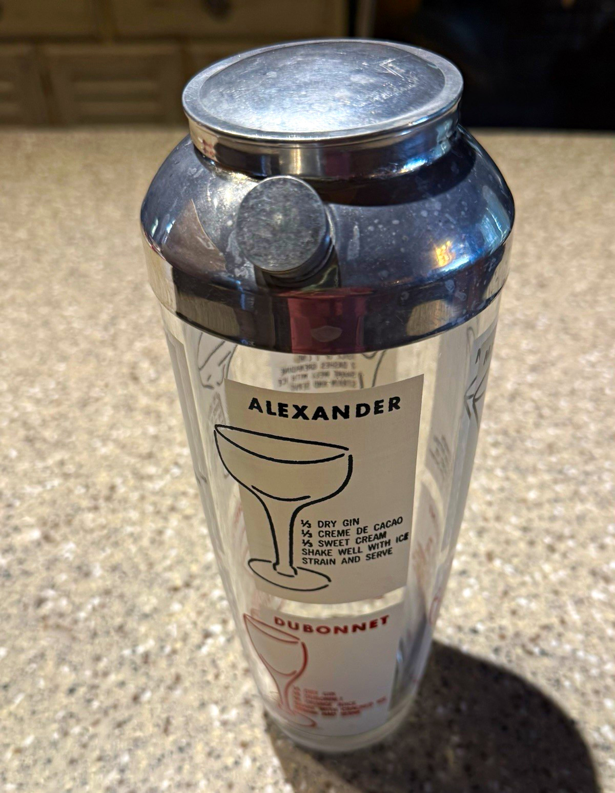 VTG Glass Cocktail Shaker 7-Recipe Mid Century Manhattan Martini Bacardi 9.5\