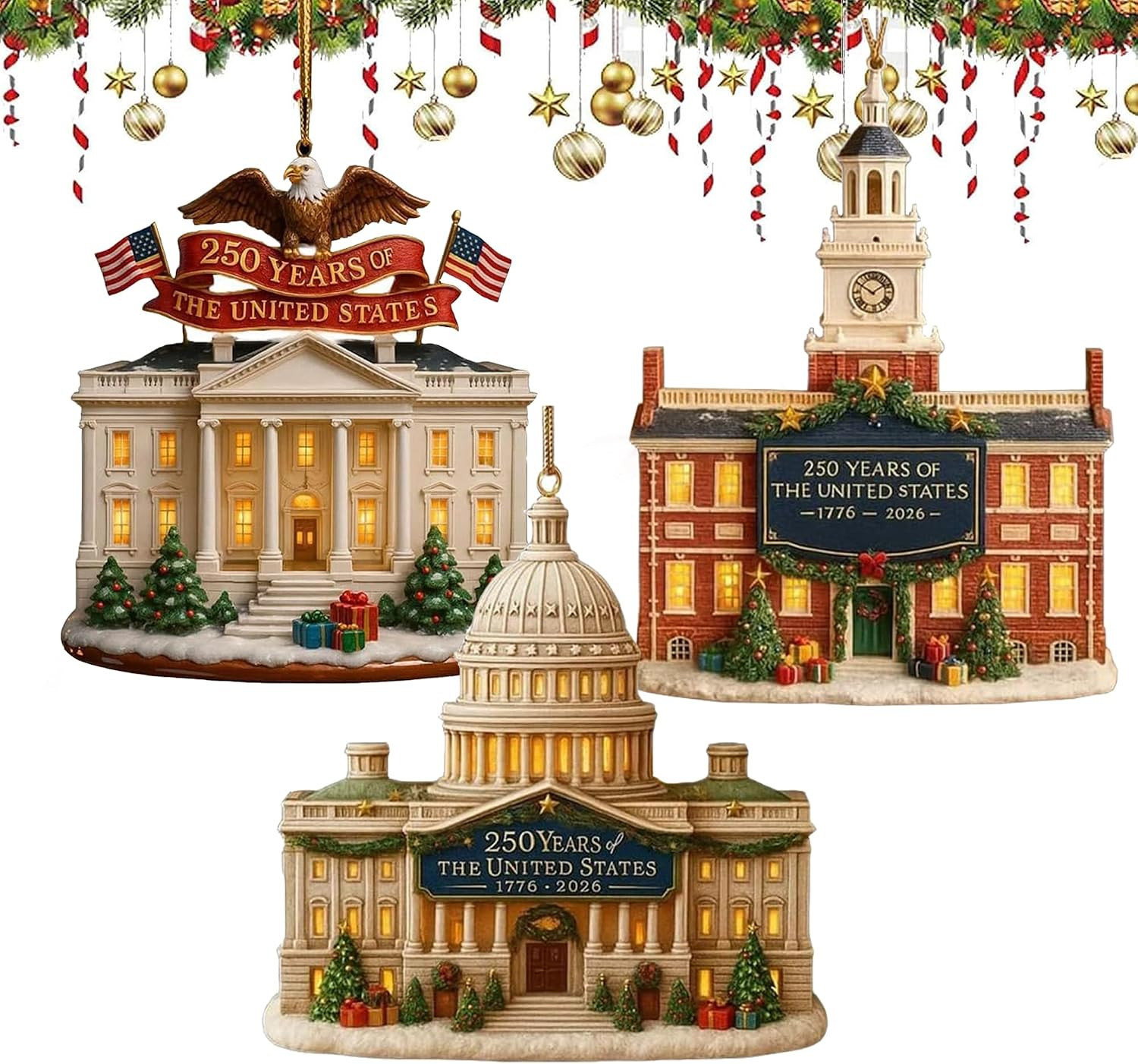 3Pc 250Th Anniversary White House Christmas Ornament America 250Th 2026 3Pc 250Th Anniversary White House Christmas Ornament America 250Th 2026