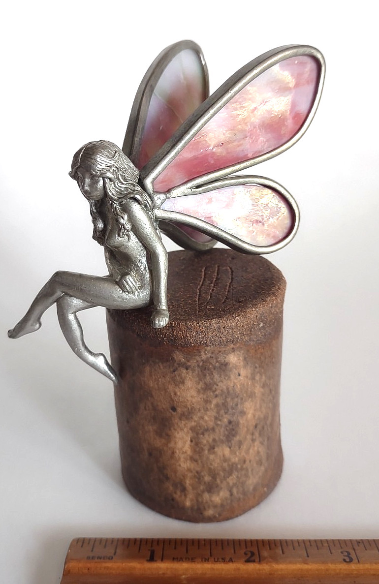 Vintage Pewter W/Stained Glass Wings Pixie Whimsical Fairy Shelf Sitter