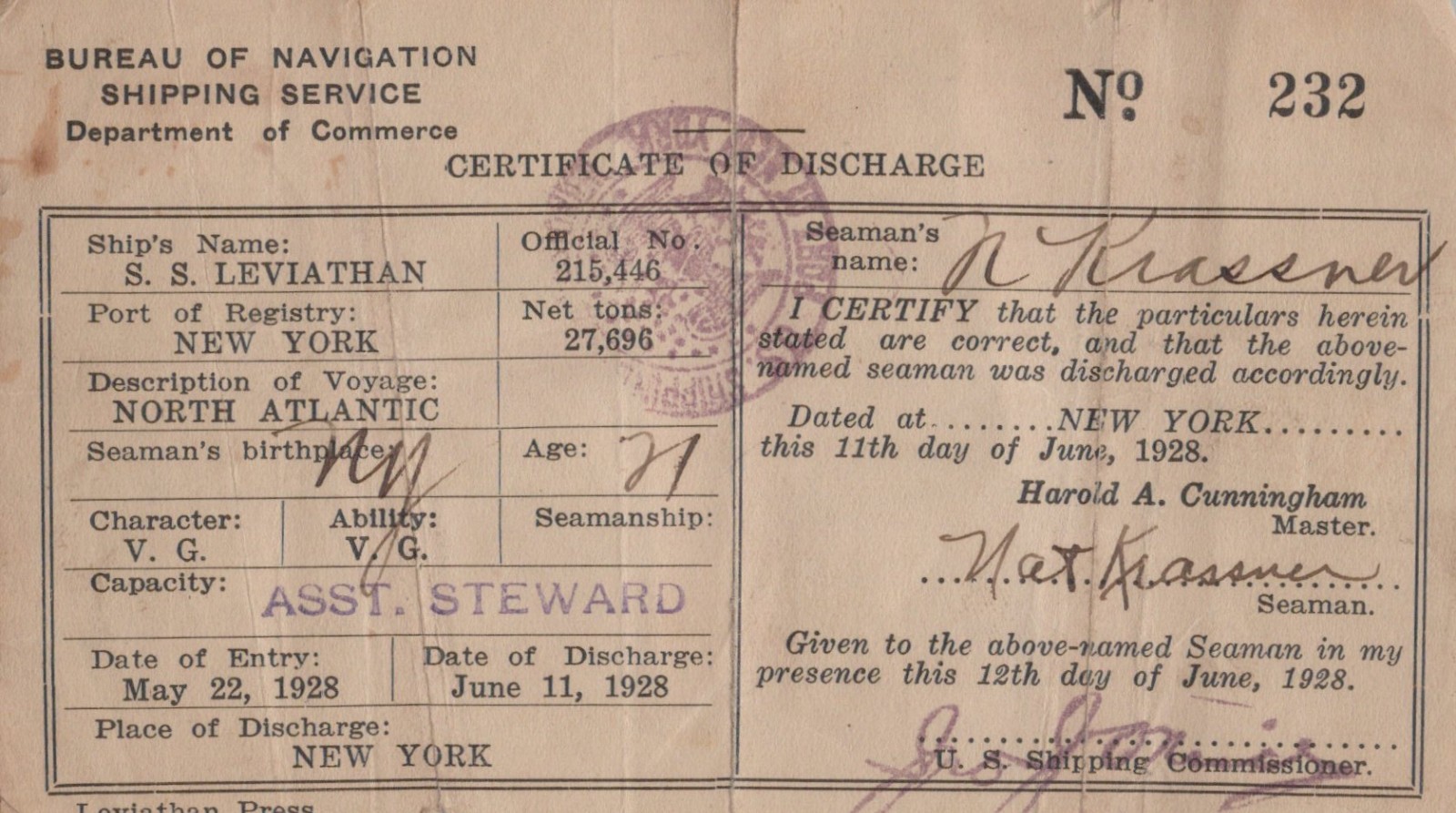 BUREAU OF NAVIGATION S.S. LEVIATHAN -CERTIFICATE OF DISCHARGE NY 1928 STEWARD