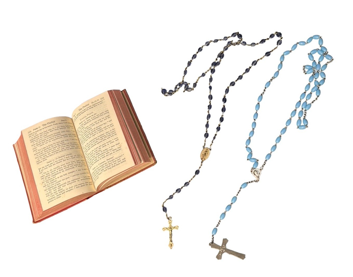 VTG Christian Catholic 3pc Lot 1940s Prayer Book & 2 Blue Rosary Necklace