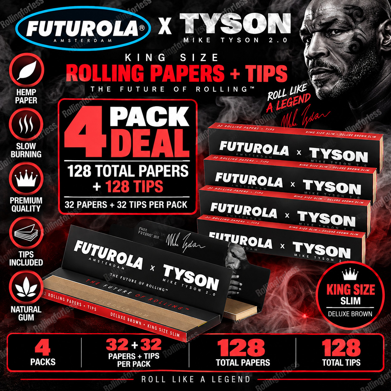 Futurola x Tyson 2.0 King Size Rolling Papers + Tips 4 Packs 128 Papers Futurola x Tyson 2.0 King Size Rolling Papers + Tips 4 Packs 128 Papers
