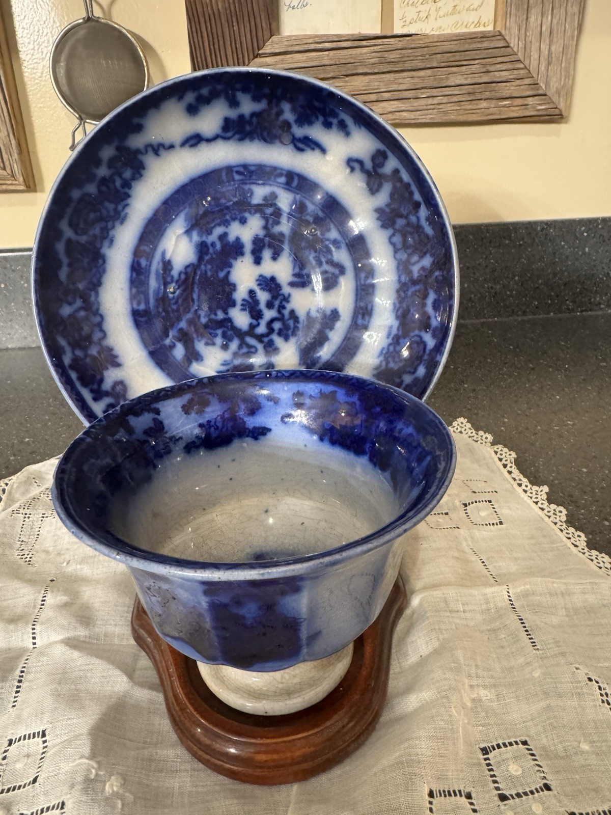 Antique Flow Blue Handleless Cup And Saucer. Podmore Walker Or Wedgwood?