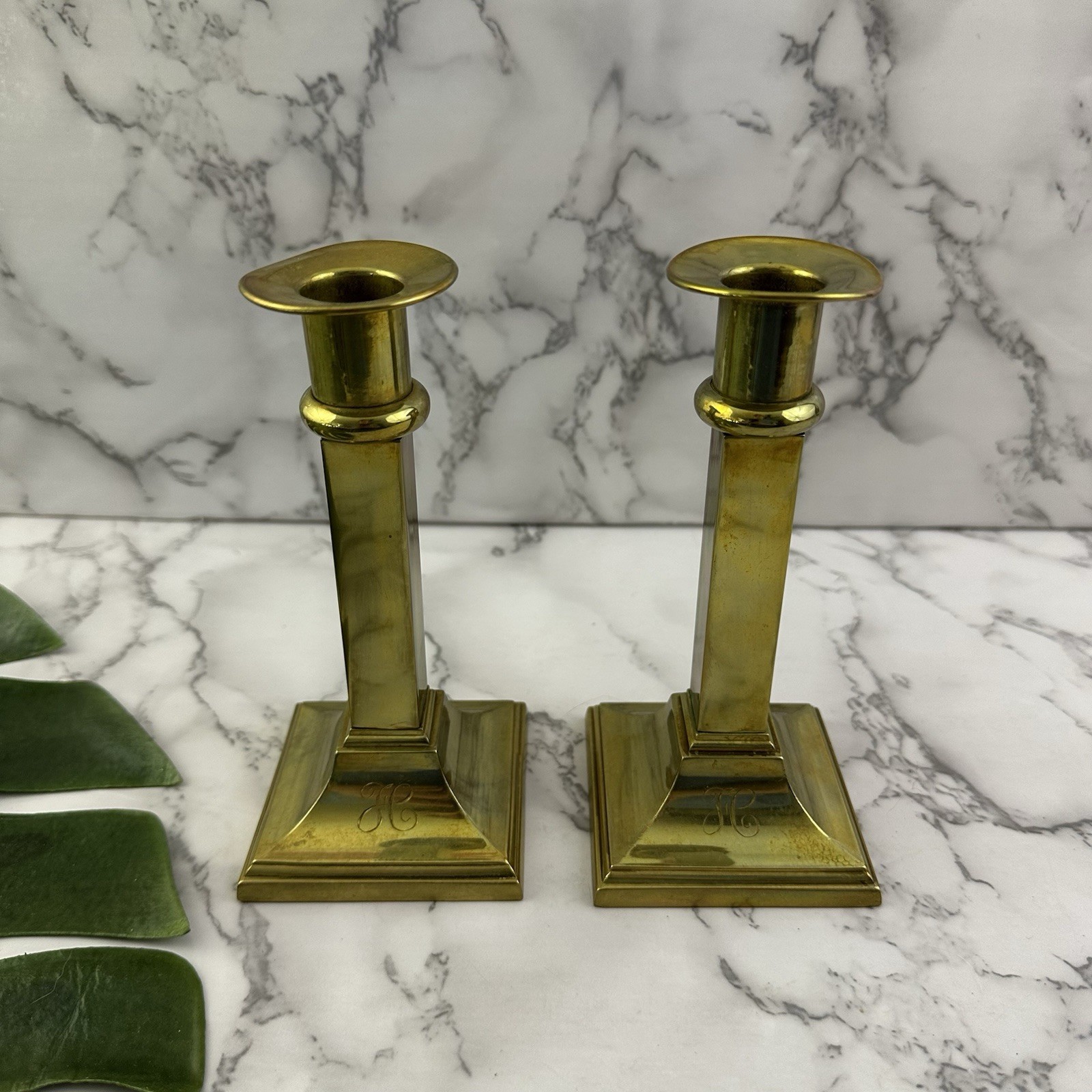 Vintage 90s Brass Metal Candle Stick Holder Pair Monogram H Letter Square