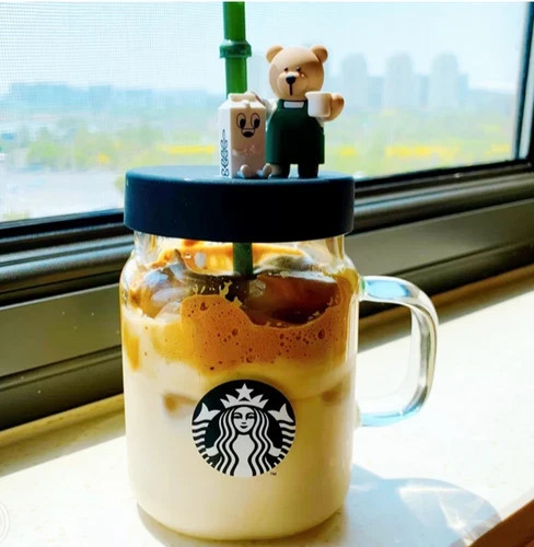 New Starbucks Green Apron Straw Cup Bear Glass Cup With Topper/Lid 600ml Gift New Starbucks Green Apron Straw Cup Bear Glass Cup With Topper/Lid 600ml Gift