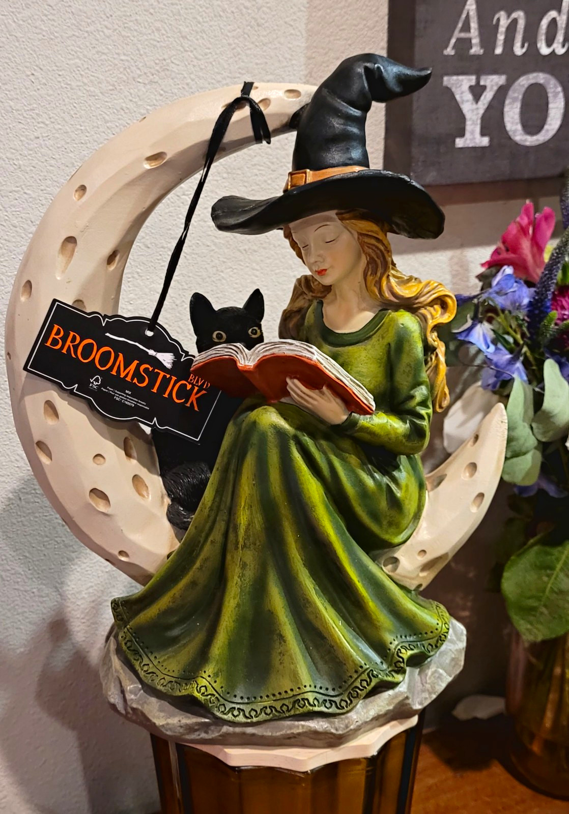 Broomstick Blvd Halloween Witch Black Cat Crescent Moon Figurine Broomstick Blvd Halloween Witch Black Cat Crescent Moon Figurine