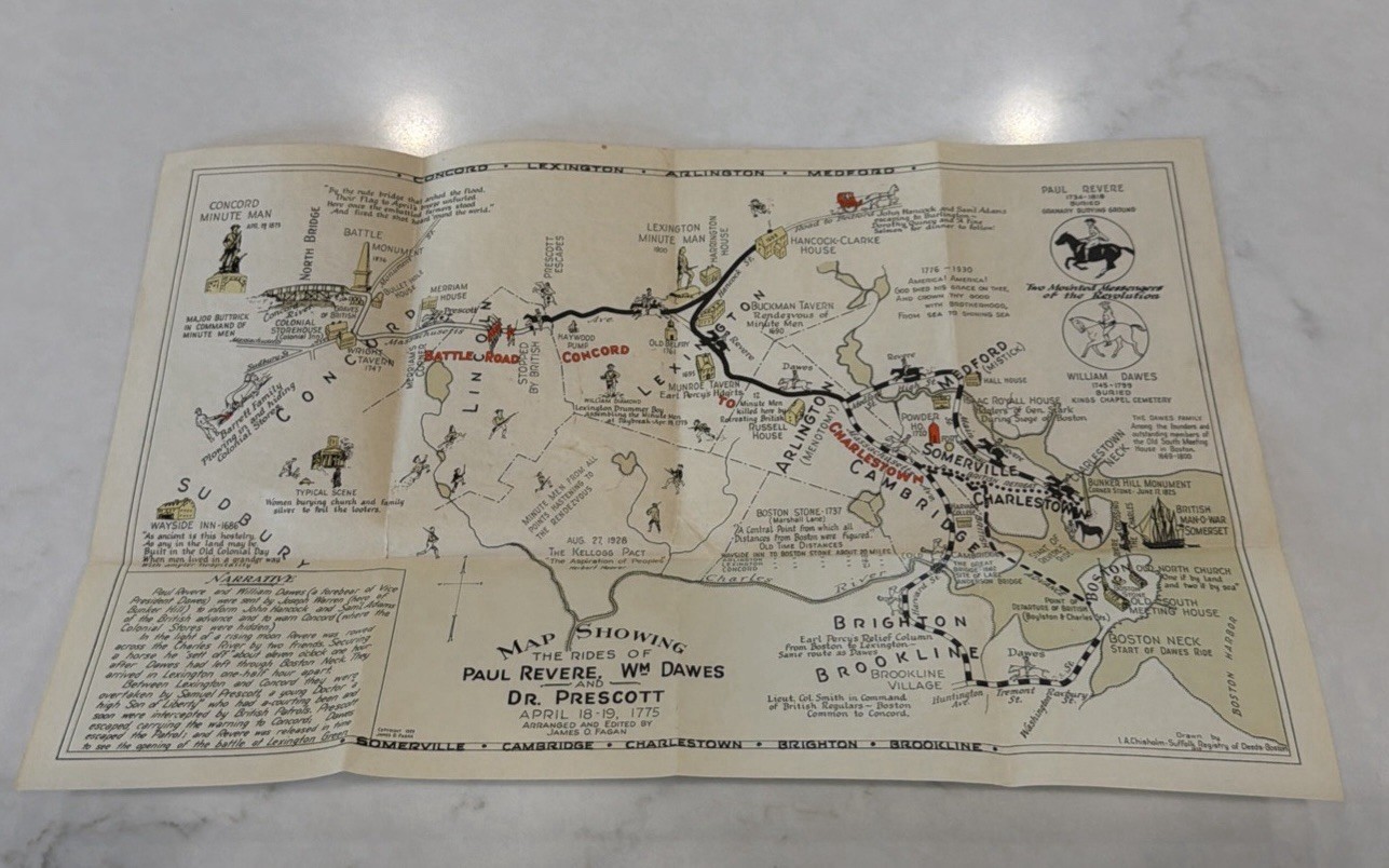 1929 Map Rides Of Paul Revere, William Dawes, Dr. Prescott, April 18-19, 1775 1929 Map Rides Of Paul Revere, William Dawes, Dr. Prescott, April 18-19, 1775