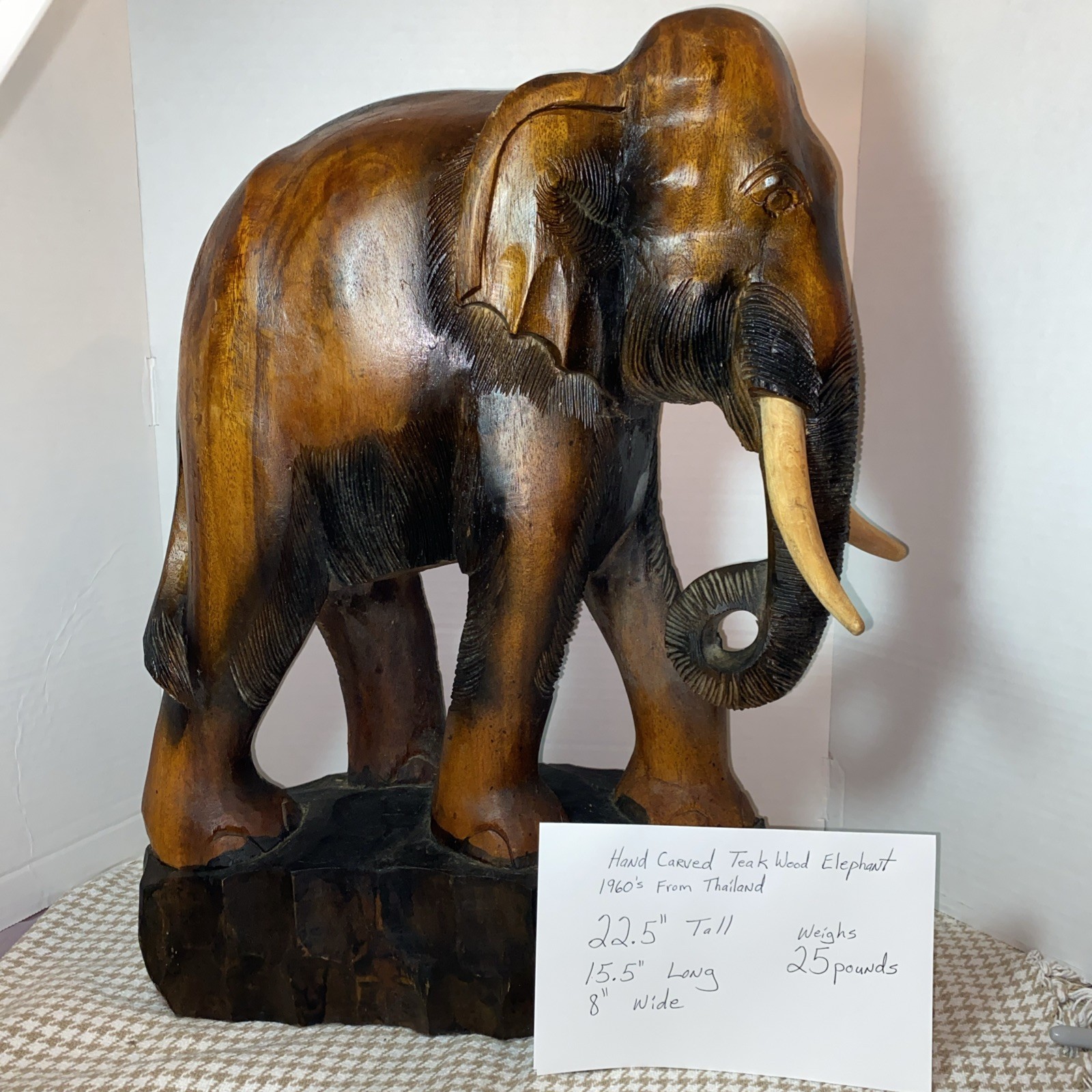 Vintage Teak Hand Carved Thai Elephant Figure 22.5” Tall, 25 lbs Statement Piece Vintage Teak Hand Carved Thai Elephant Figure 22.5” Tall, 25 lbs Statement Piece