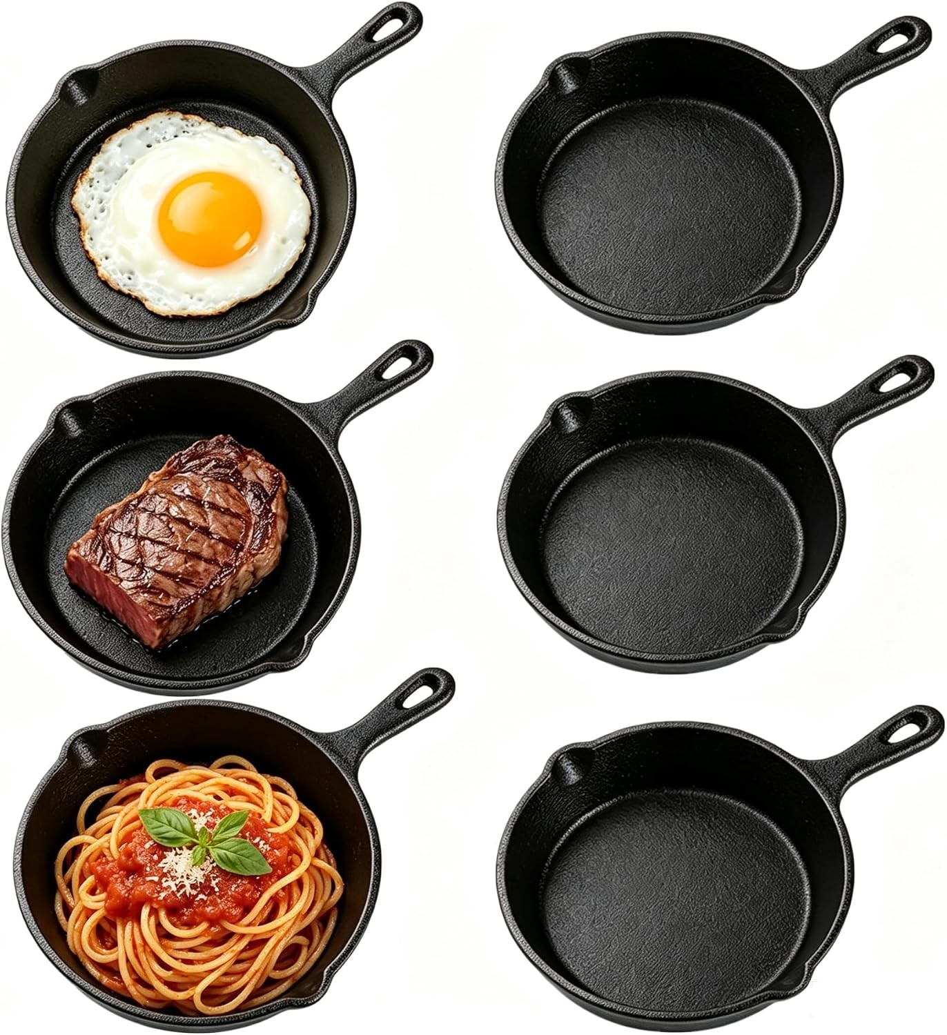 Set of 6 Mini Cast Iron Skillets, 4 Inch Non-Stick Pans with Double Spouts Set of 6 Mini Cast Iron Skillets, 4 Inch Non-Stick Pans with Double Spouts