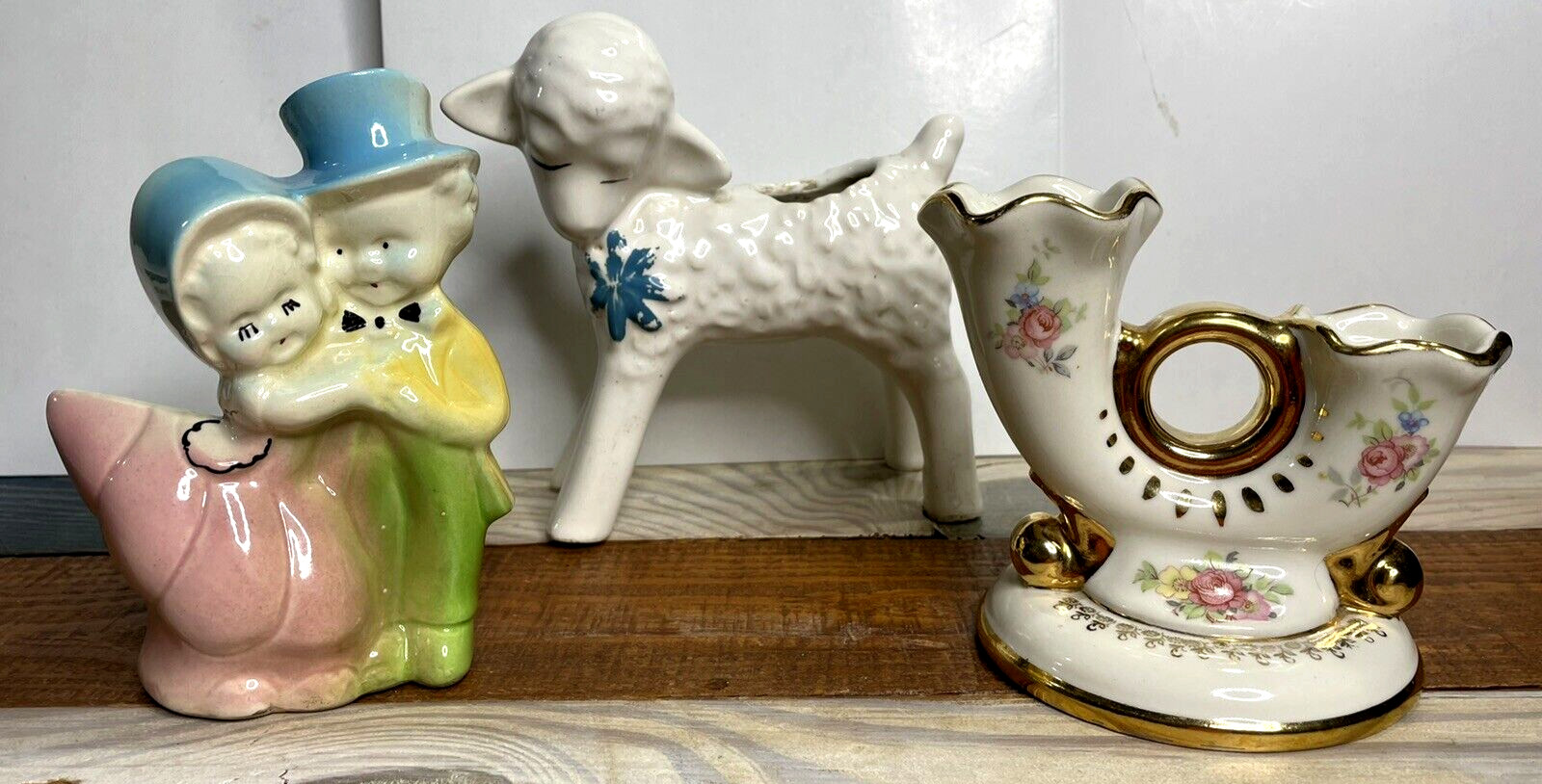 Lot of 3 Vintage Ceramic Lamb with Blue Cornucopia Gold Couple Figurine Planter Lot of 3 Vintage Ceramic Lamb with Blue Cornucopia Gold Couple Figurine Planter
