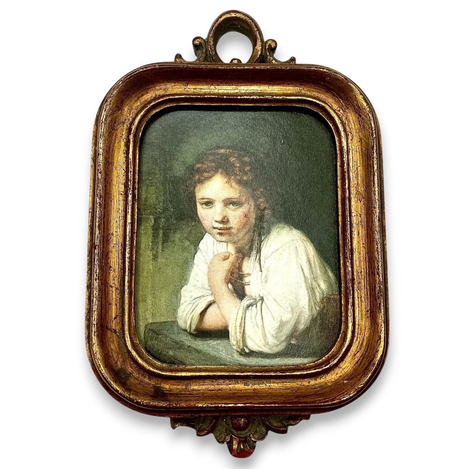 Vintage Rembrandt Girl Leaning On A Windowsill MINIATURE Framed Art Print EUC