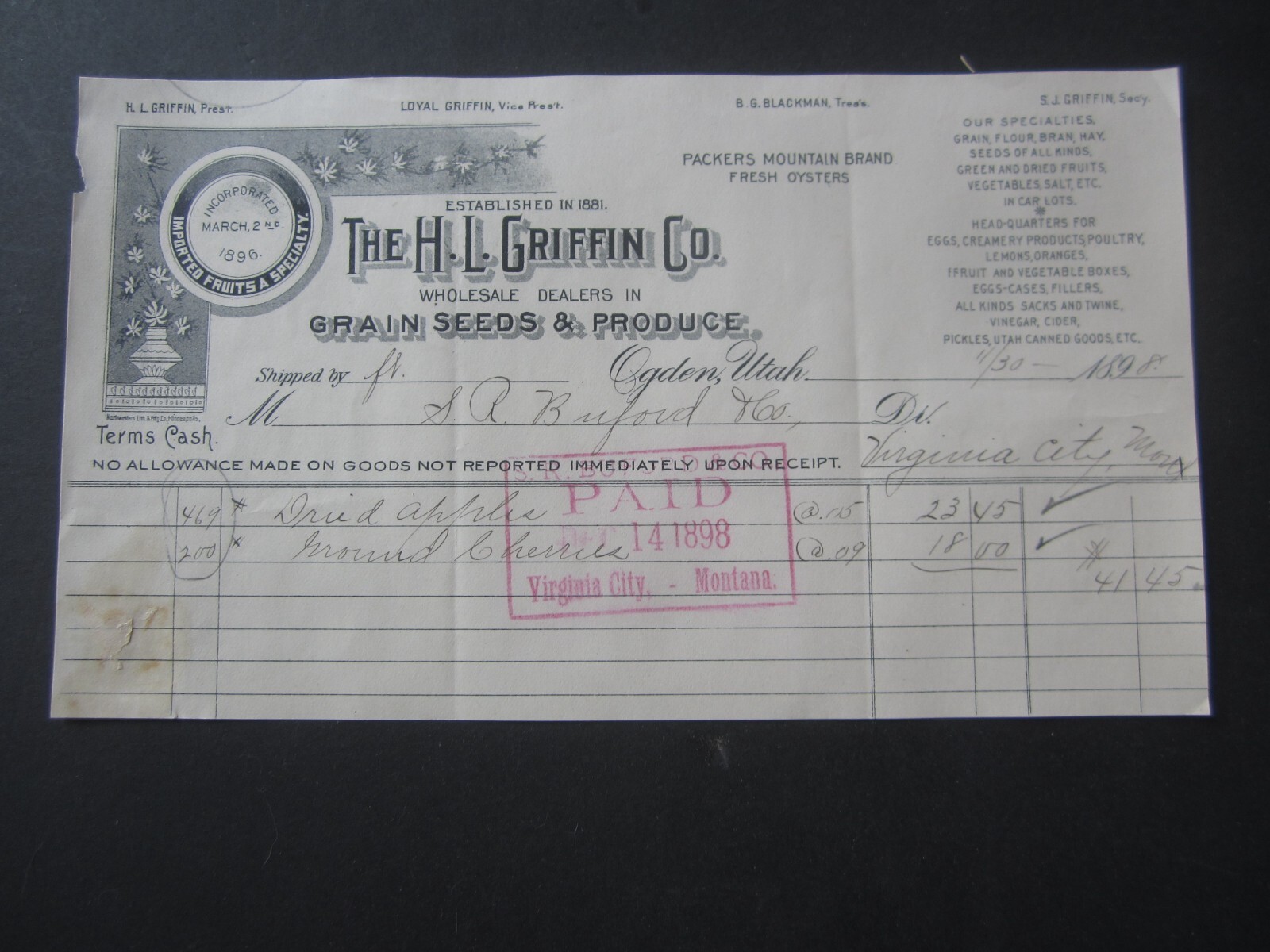 Old 1898 H.L. GRIFFIN Co. - Grain Seeds Produce- Billhead Document - Ogden UTAH Old 1898 H.L. GRIFFIN Co. - Grain Seeds Produce- Billhead Document - Ogden UTAH