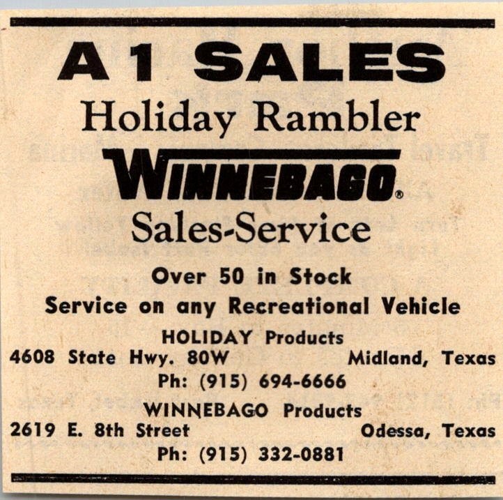 A1 Sales Holiday Rambler Winnebago Sales Service Midland TX 1974 Ad TAK7-S3