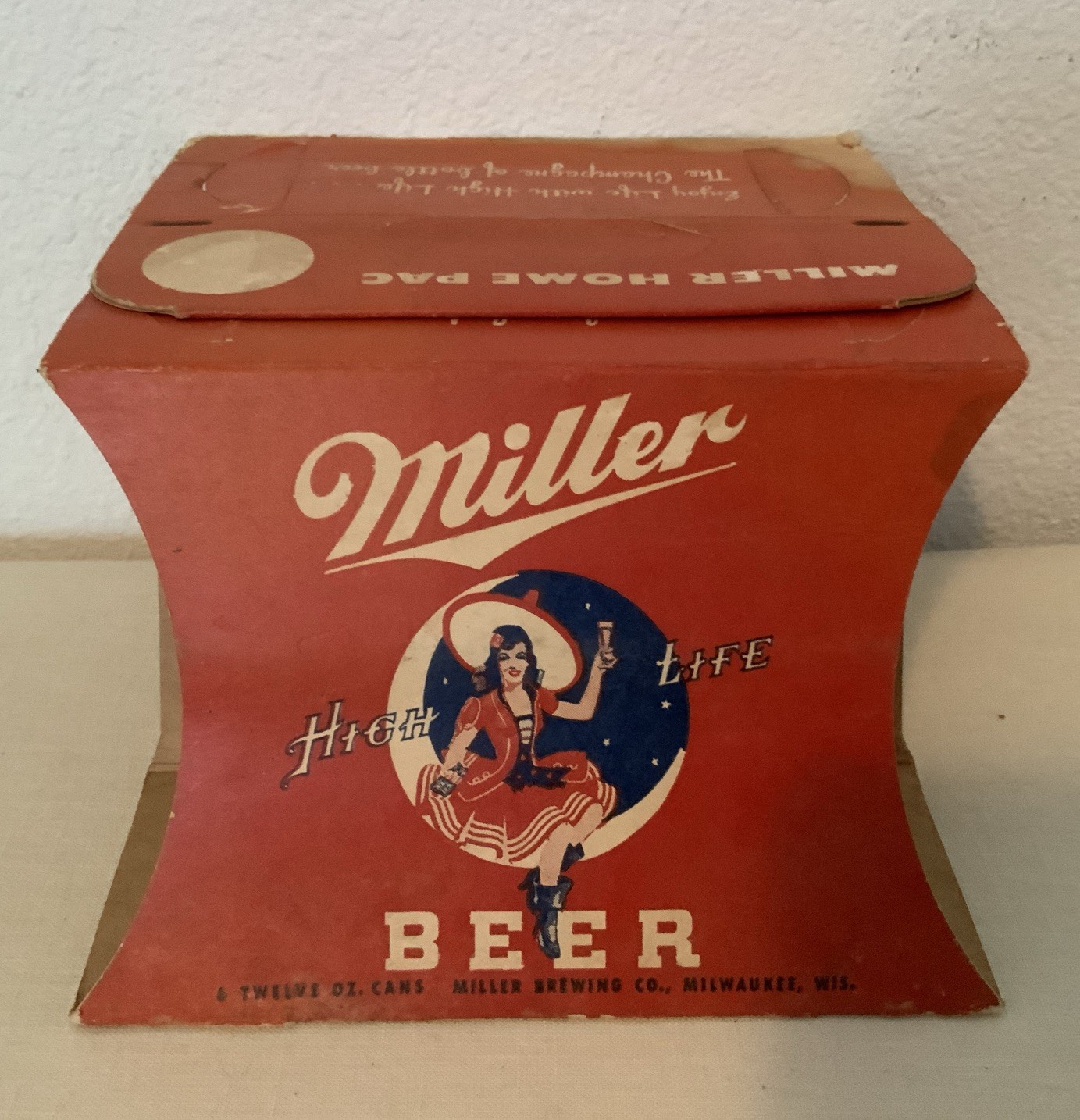 Vintage 40s Miller High Life Beer 6-12 oz Cans Cardboard Holder~Lady on the Moon Vintage 40s Miller High Life Beer 6-12 oz Cans Cardboard Holder~Lady on the Moon