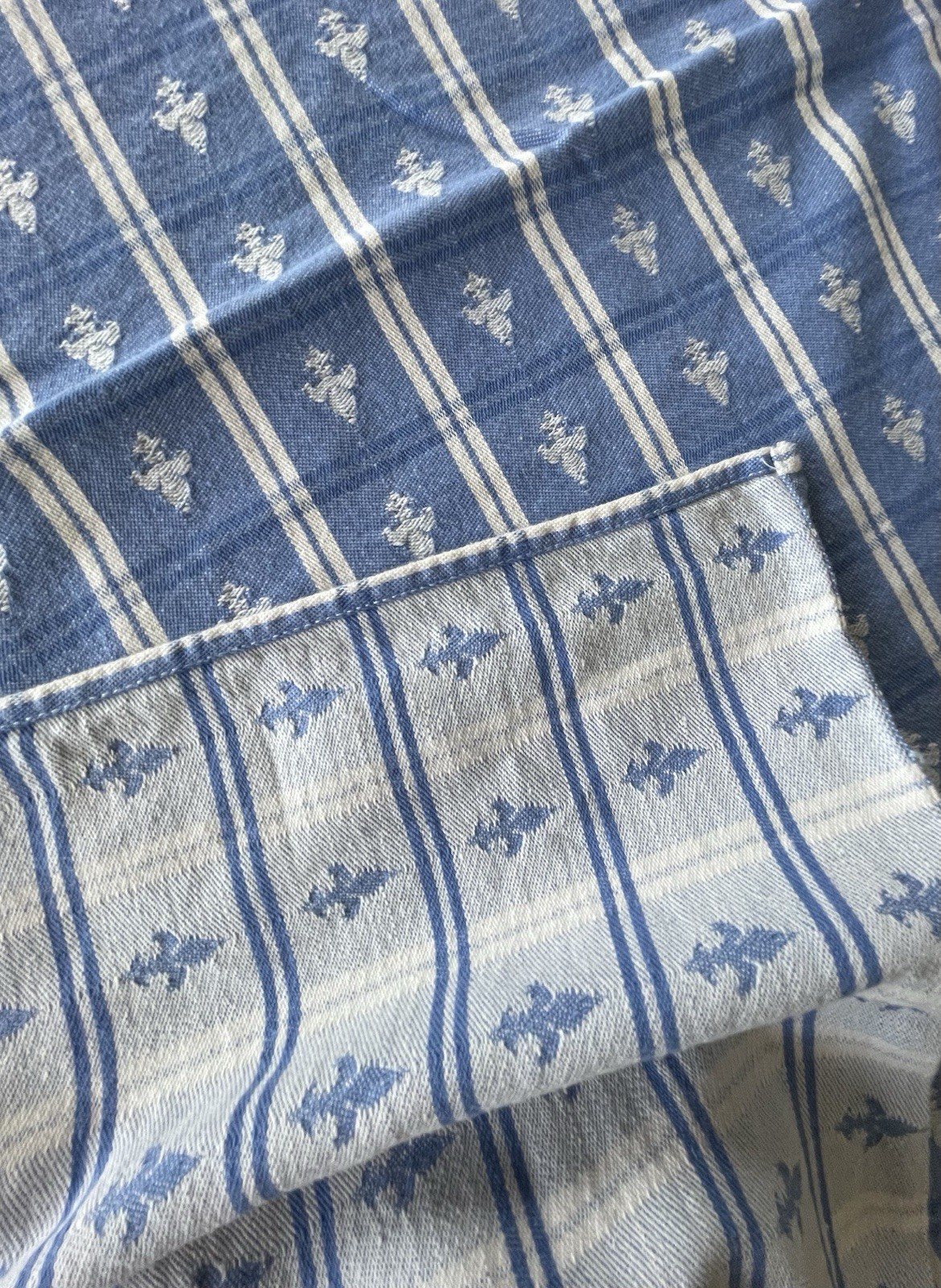 Vintage Williams Sonoma Blue Fleur de Lis Tablecloth 8 Napkins Hungary 84x66