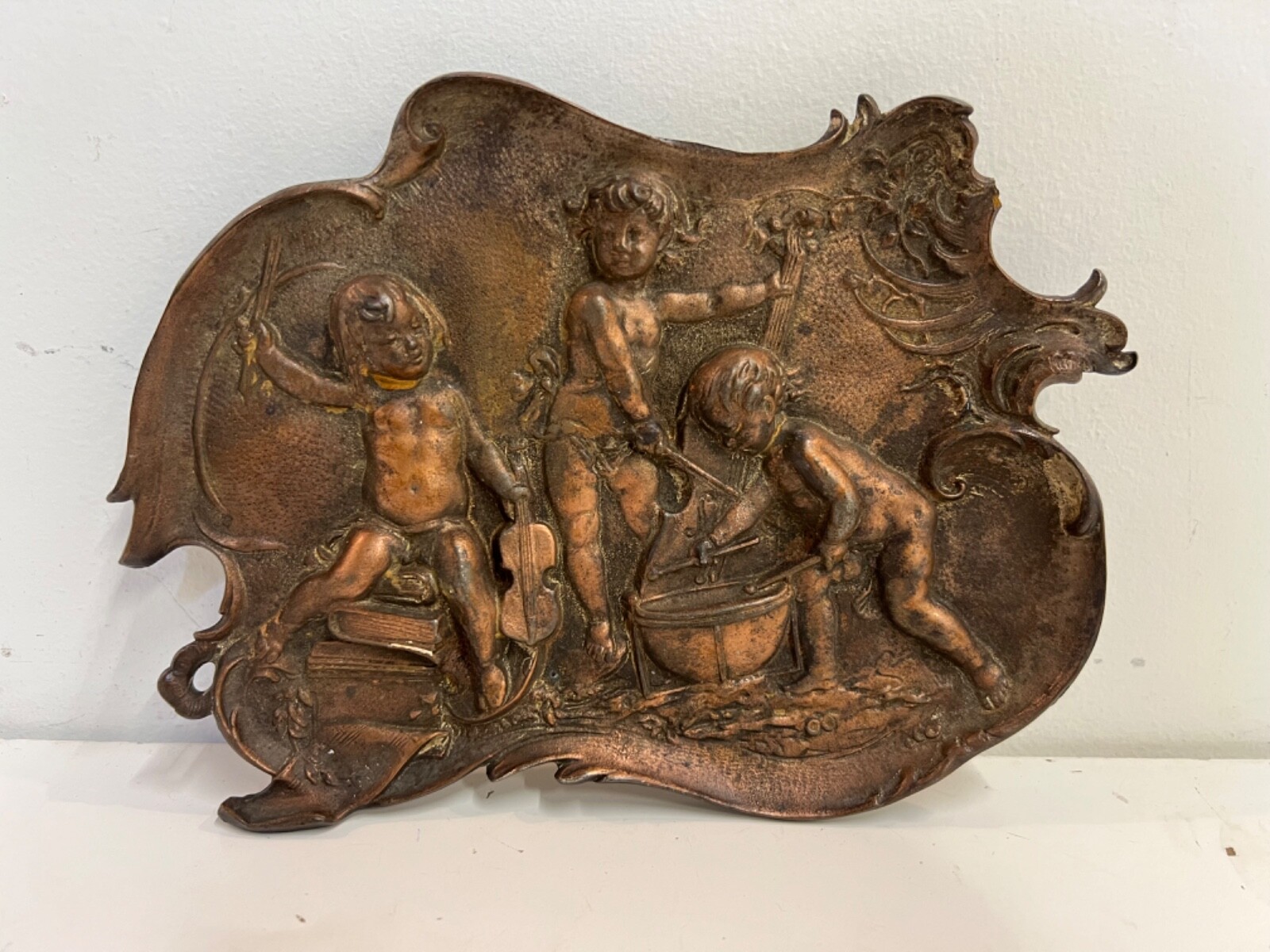 Antique Putto Angel Musicians Rococo Metal Wall Hanging Wall Plaque Antique Putto Angel Musicians Rococo Metal Wall Hanging Wall Plaque