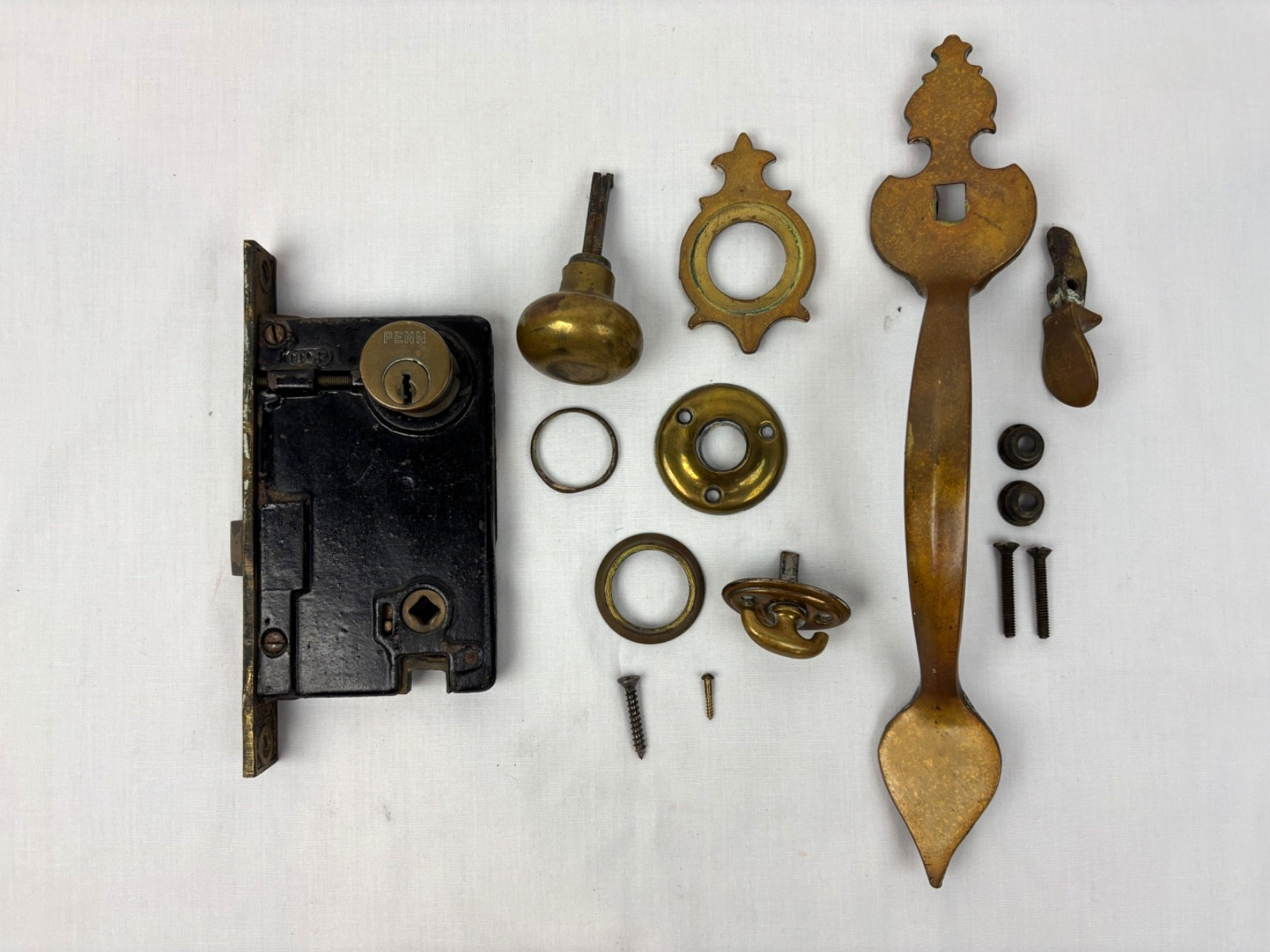Vintage Penn 6840 Entry Mortise Lock + Brass Thumb Latch Pull Handle, Knob, Trim