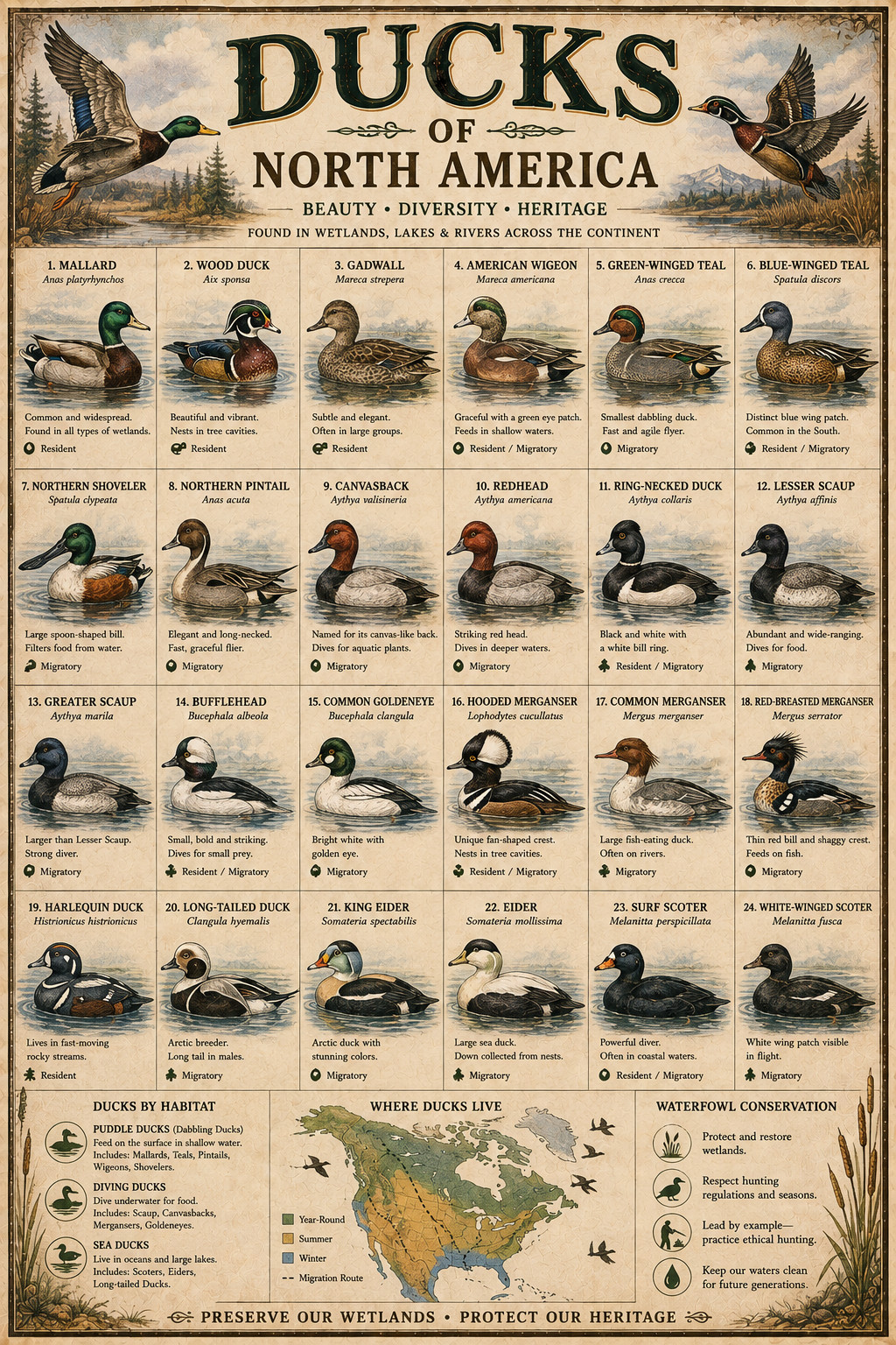 Ducks of North America Poster 13x19 – Vintage Duck Species Identification Chart