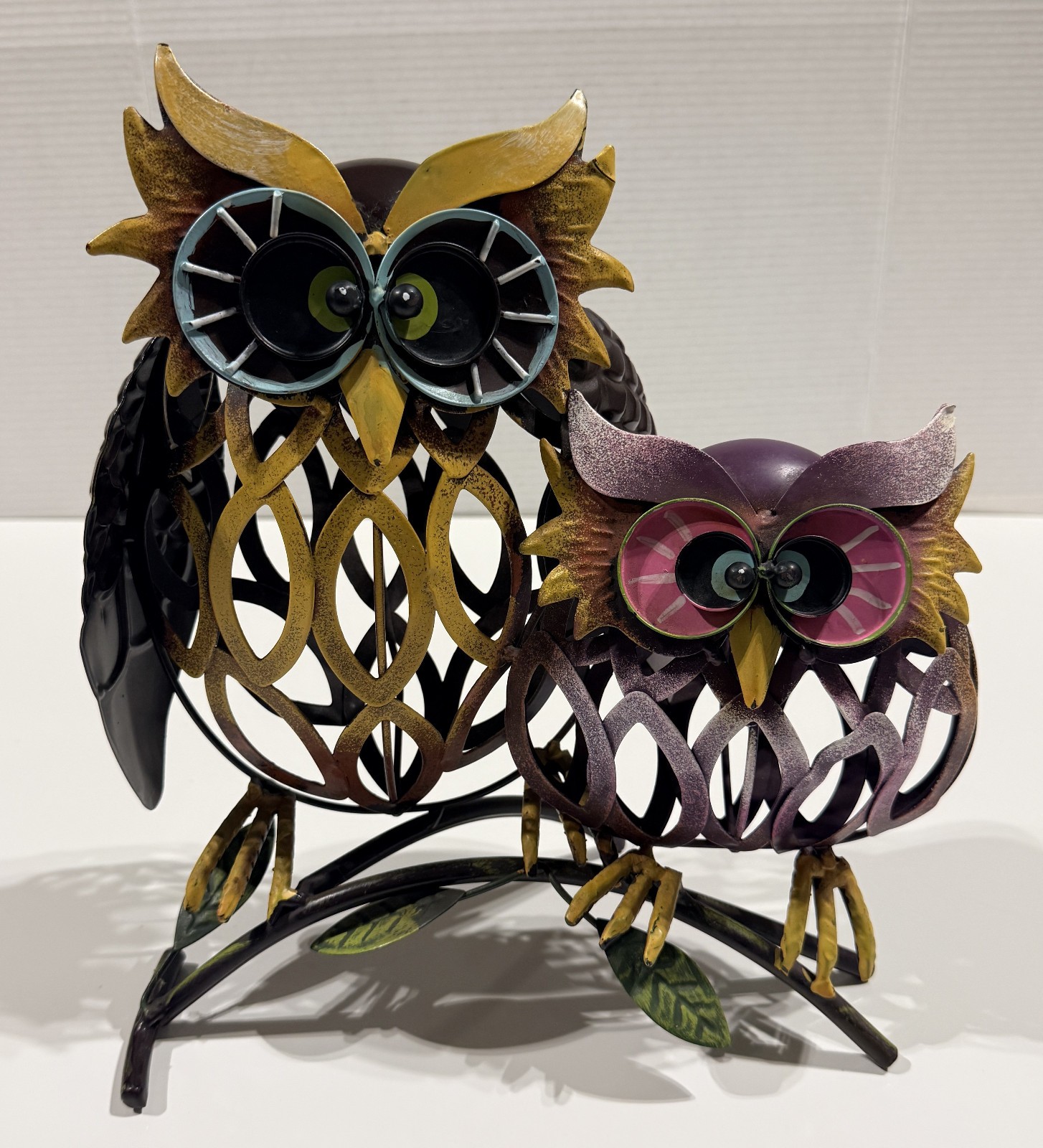 Whimsical Metal Owl Pair Sculpture Colorful Folk Art Birds Branch - 11.5 in