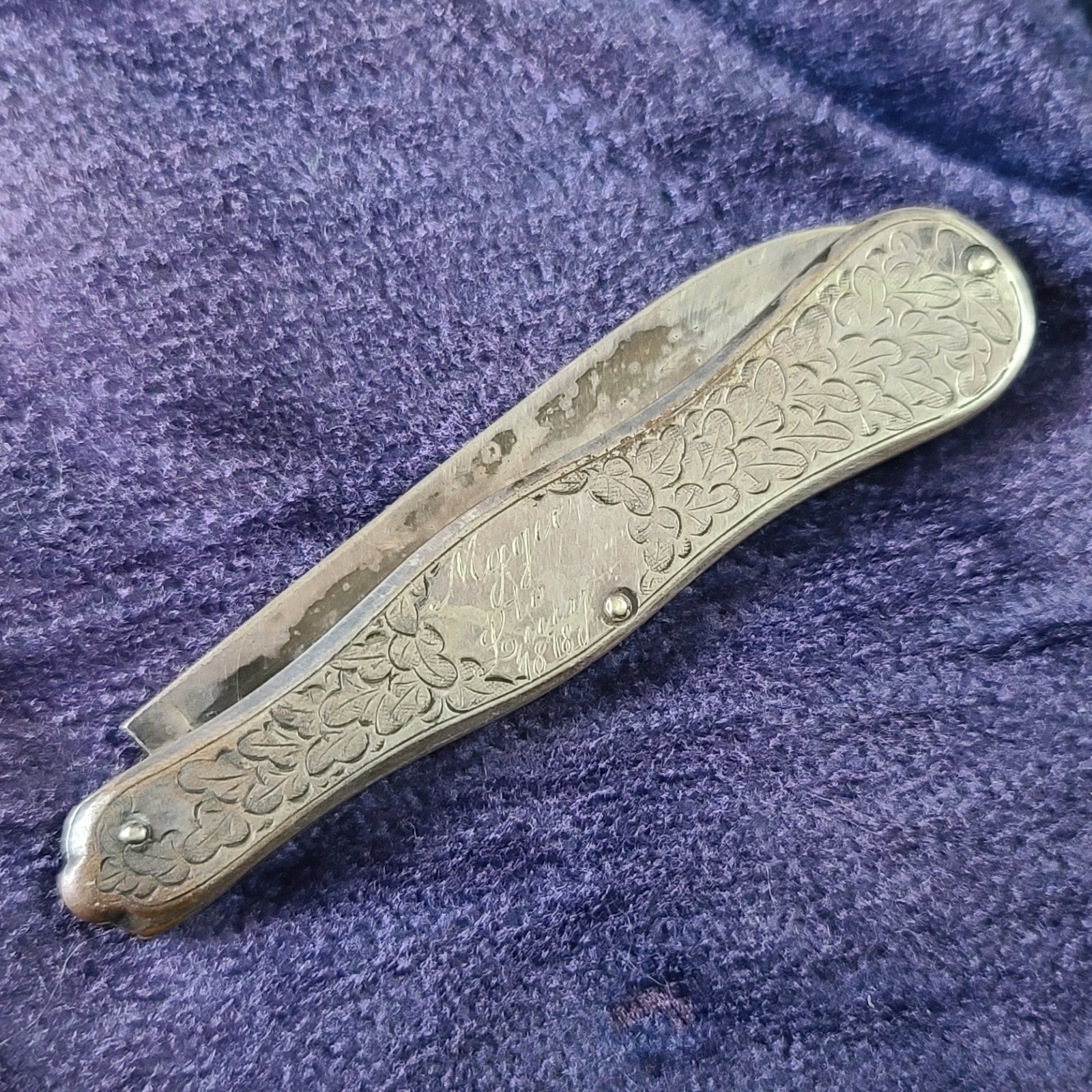 Antique Sterling Silver Floral Etched Pocket Knife 1878 Gift Sterling Blade 27gm