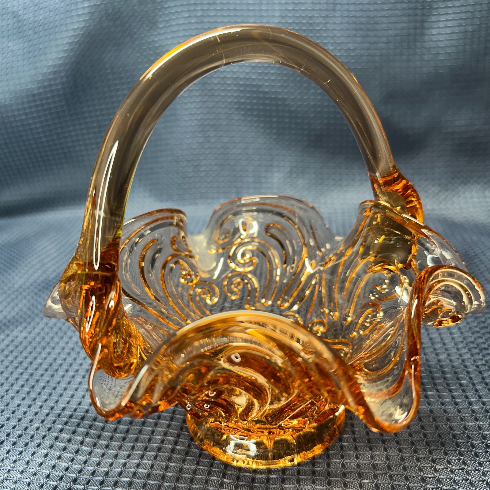 Lot of 2 VTG Fenton Glass, Lambs Tongue Amber basket, Light Blue Candle Holder