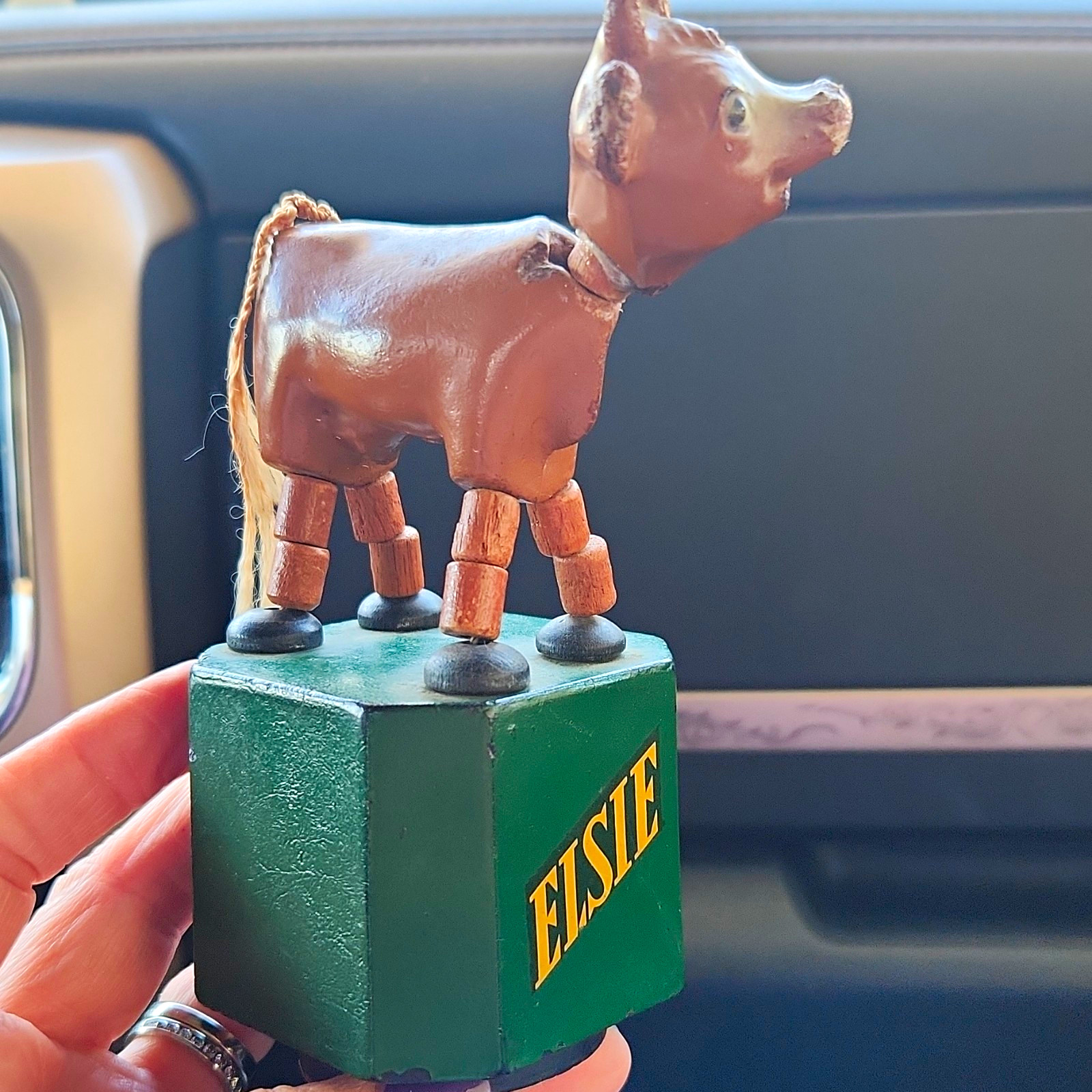 Elsie Vintage Dairy Advertising Cow Figure on Green Base, Brown/Green Elsie Vintage Dairy Advertising Cow Figure on Green Base, Brown/Green