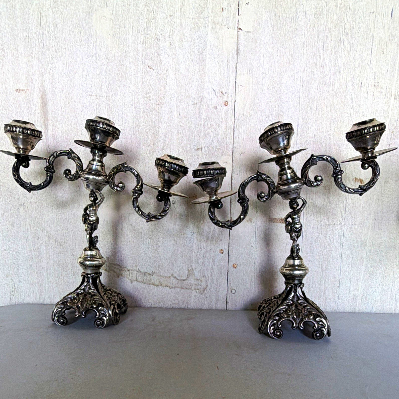Victorian Antique Silver tone figural 3-Arm Candelabra Pair 13in Victorian Antique Silver tone figural 3-Arm Candelabra Pair 13in