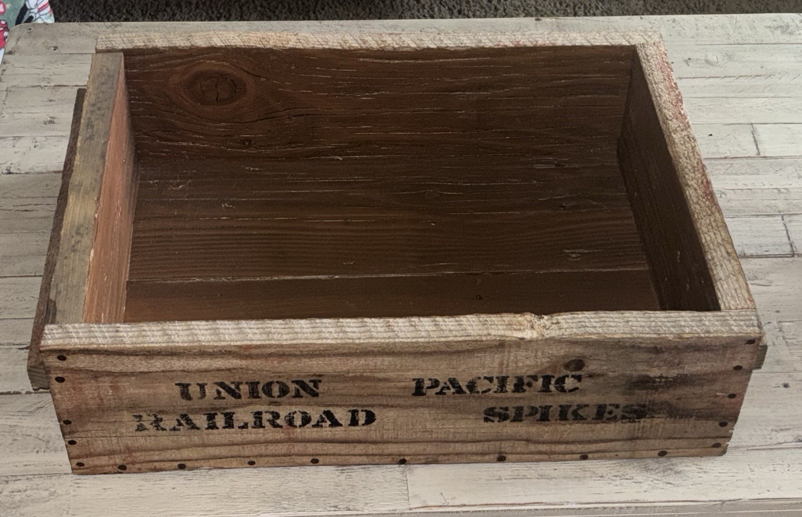 Vintage Rustic Distressed Wood Crate Box Union Pacific Railroad Spikes Trains