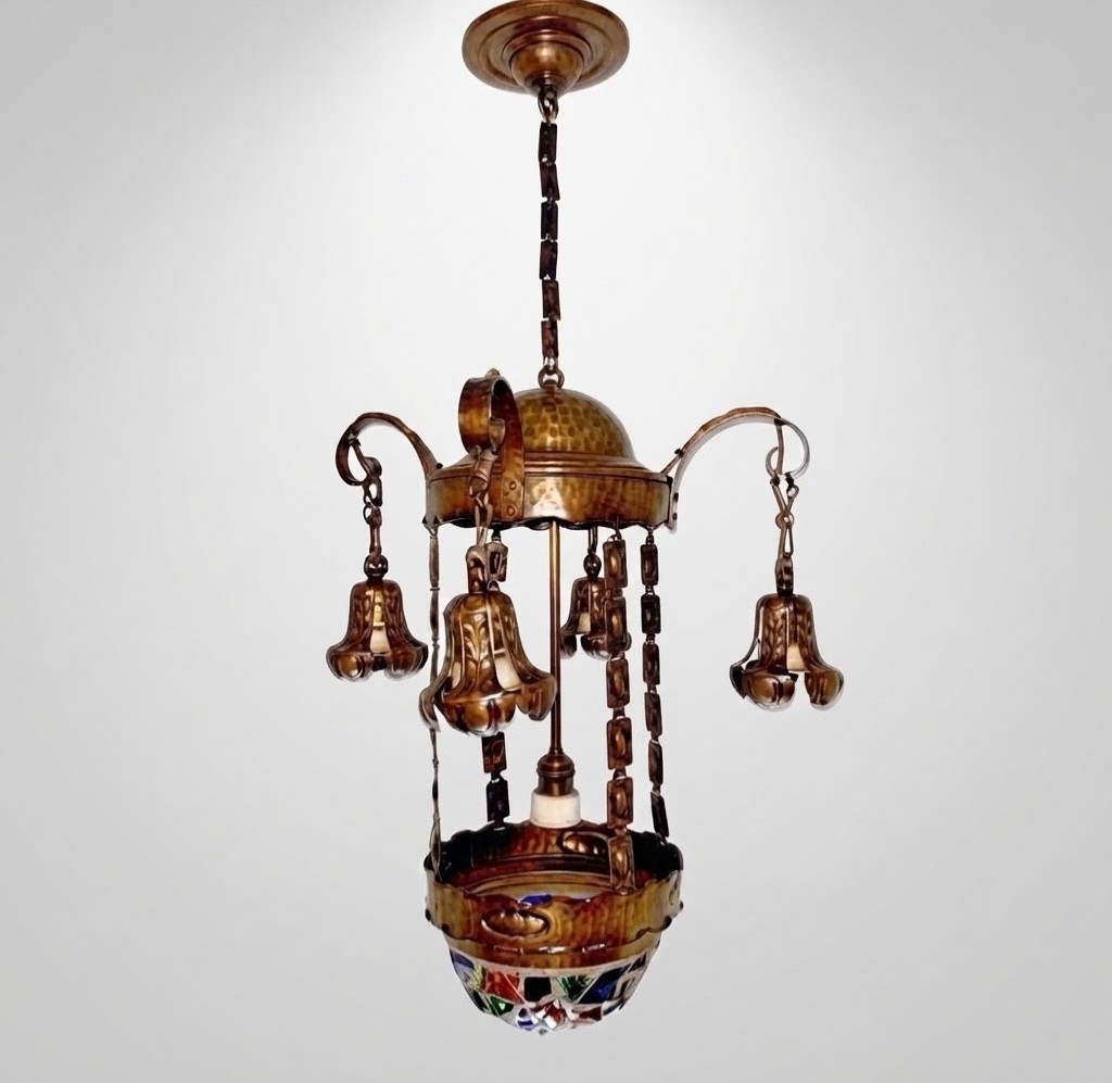 ANTIQUE LAMP Austrian Bronze & Chunk Glass Chandelier H: 35 ANTIQUE LAMP Austrian Bronze & Chunk Glass Chandelier H: 35