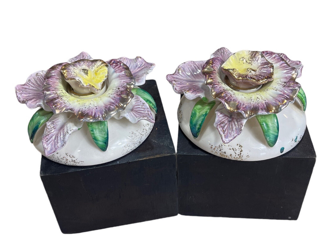 Vtg 2 Commodore Japan Porcelain Purple Flower Candle Holders? Perfume Bottle?