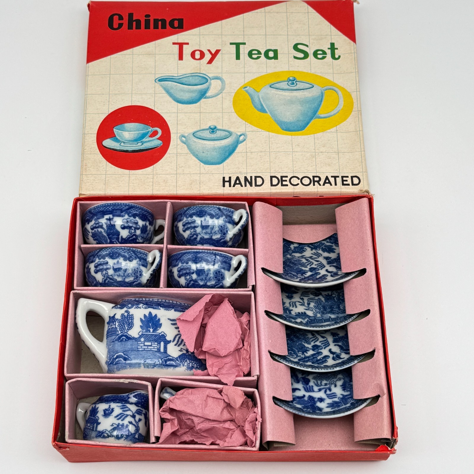 Vintage Blue Willow China Toy Tea Set Miniature Japan Original Box Complete 1950 Vintage Blue Willow China Toy Tea Set Miniature Japan Original Box Complete 1950