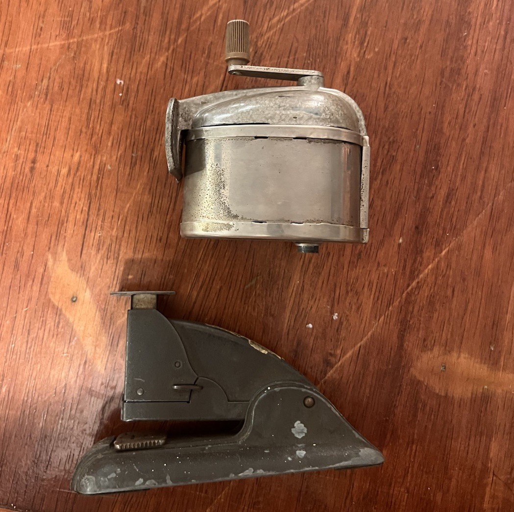 Vintage Metal Stapler & Hand Crank Pencil Sharpener Lot Office Desk Accessories Vintage Metal Stapler & Hand Crank Pencil Sharpener Lot Office Desk Accessories