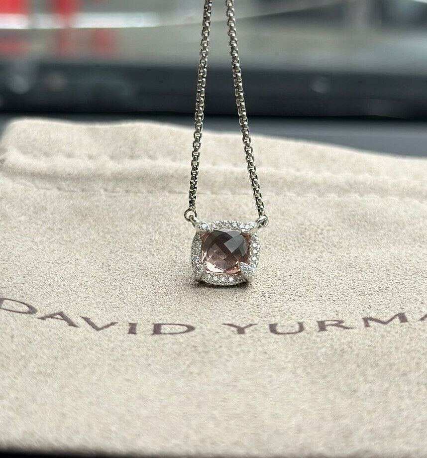 David Yurman Sterling Silver Chatelaine 7mm Morganite Pendant & Diamond Necklace