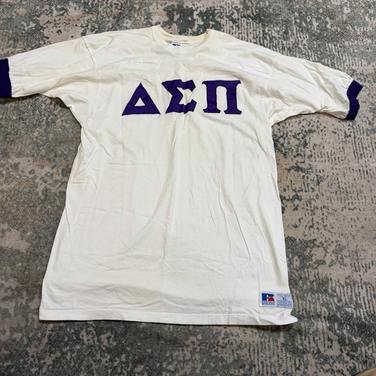 VTG 80s Russell Athletic Delta Sigma Pi Ringer Jersey Shirt XL Made In USA Twill VTG 80s Russell Athletic Delta Sigma Pi Ringer Jersey Shirt XL Made In USA Twill