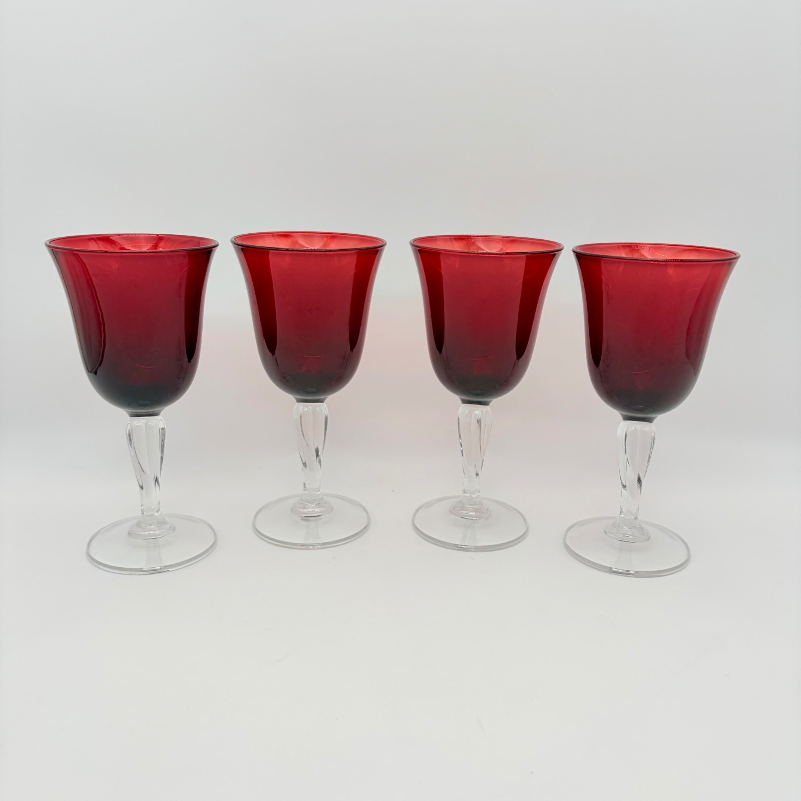 Vintage Set of 4 Luminarc  Arc Ruby Red Twisted Stem Water Wine Goblets Glasses