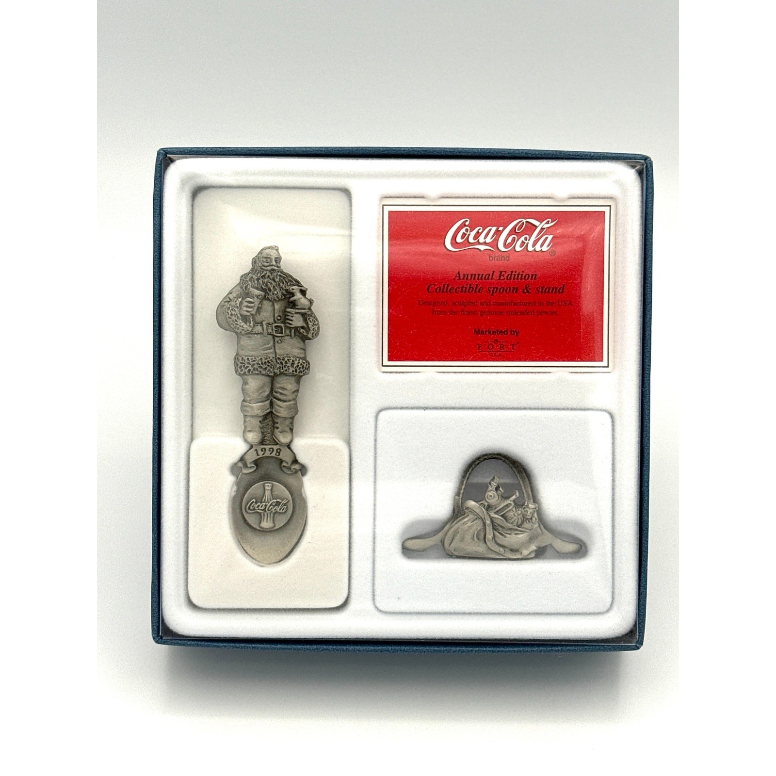 1998 Coca-Cola Santa Pewter Spoon & Stand FORT USA Annual Boxed Excellent