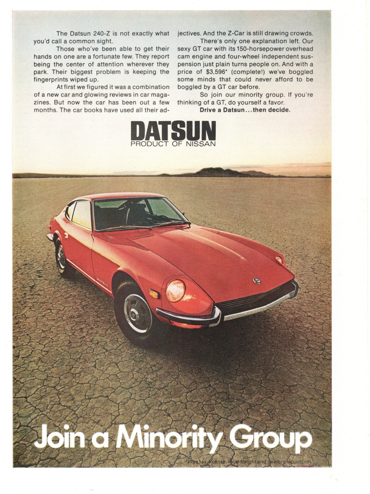 Vintage Datsun 240-Z Magazine Ad Join a Minority Group Nissan Sports Car