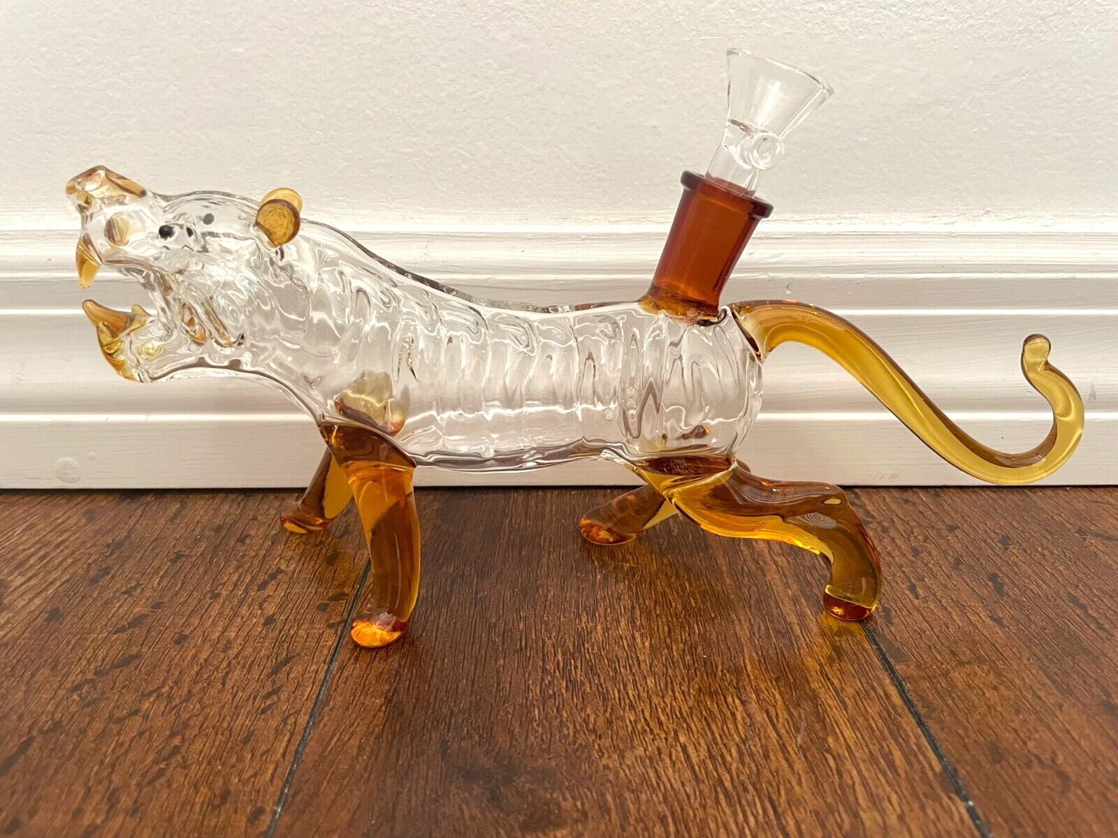 9.5” Premium Glass Water Pipe Art Clear Amber Tiger Big Cat 14mm