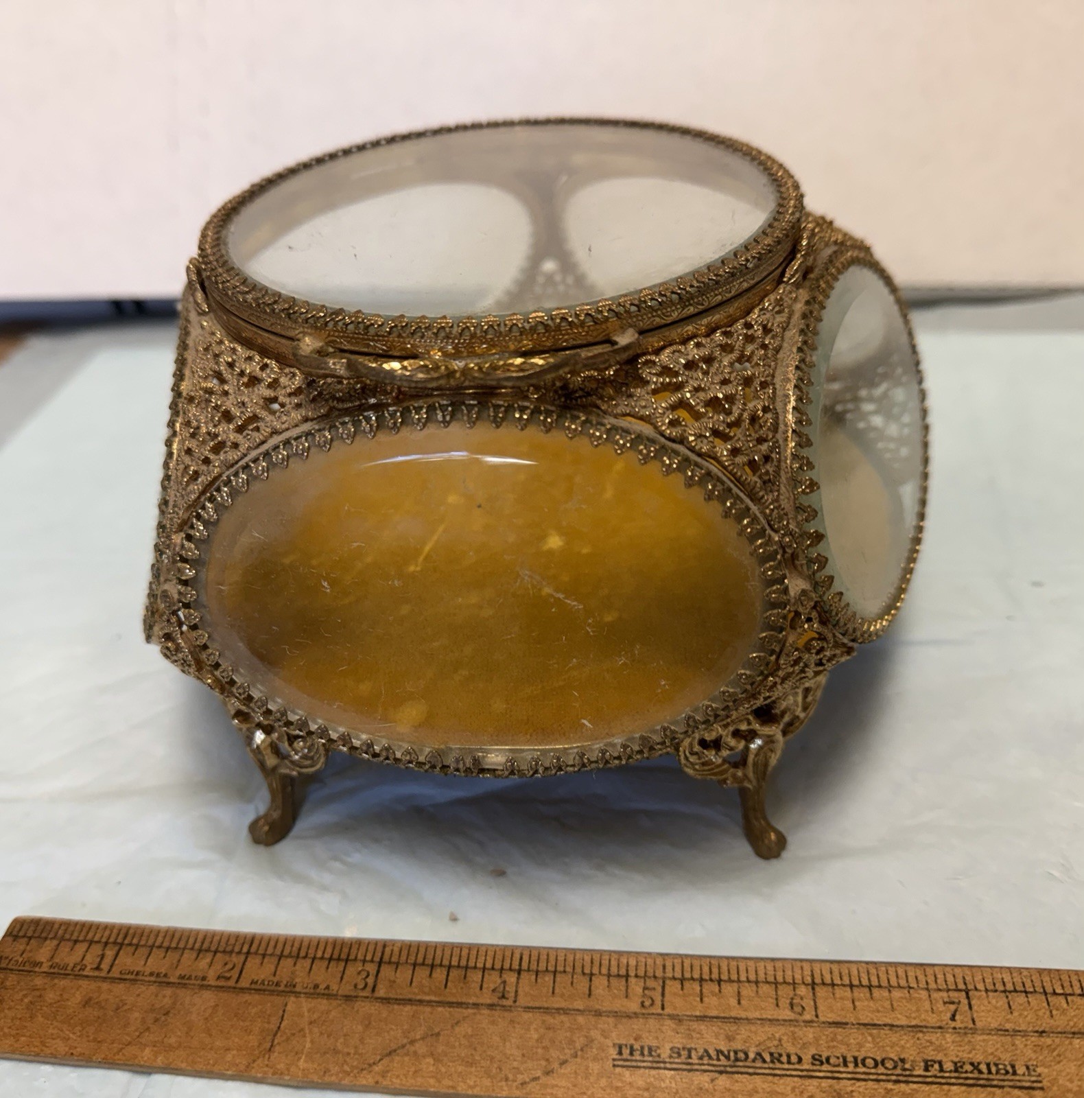 Magnificent Vintage Gold Gilt Ormolu Jewelry Casket Box 5 Glass Sides Paw Feet