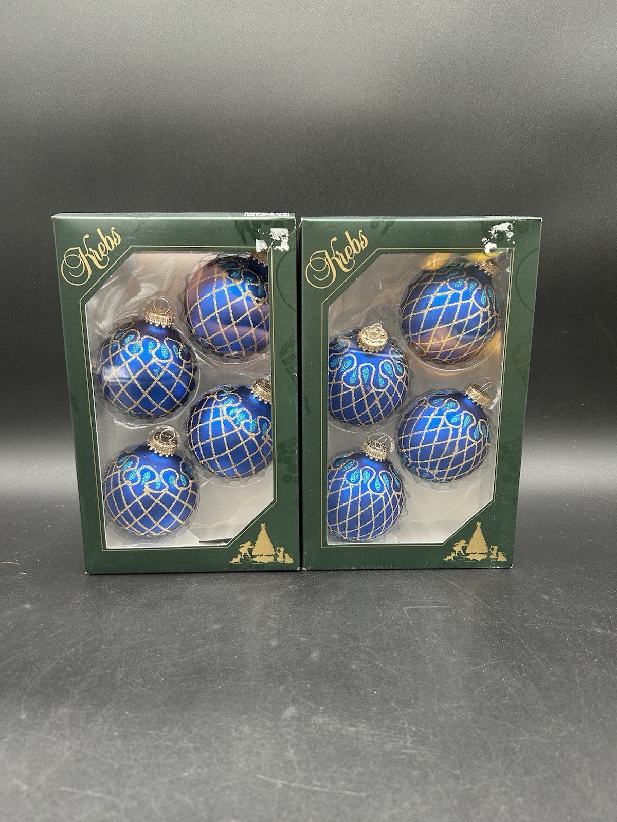 Krebs Glass Blue Gold Glitter  Christmas Ornaments Lot Of 2 Packs 8 Ornaments