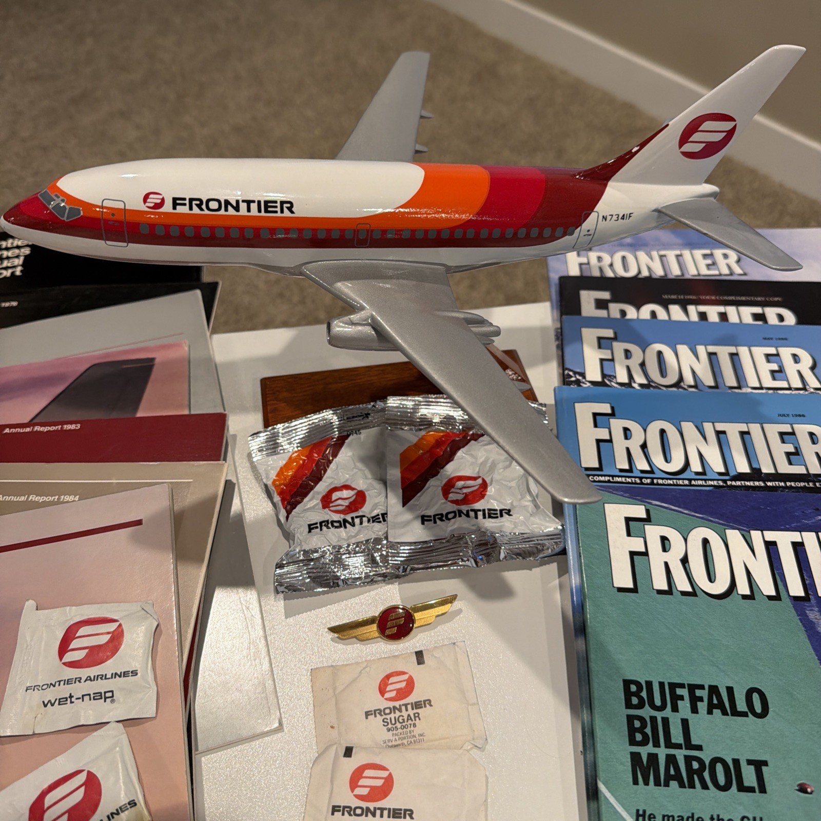 Frontier Airlines 1980s Boeing 737 Model Airplane misc lot of items Frontier Airlines 1980s Boeing 737 Model Airplane misc lot of items