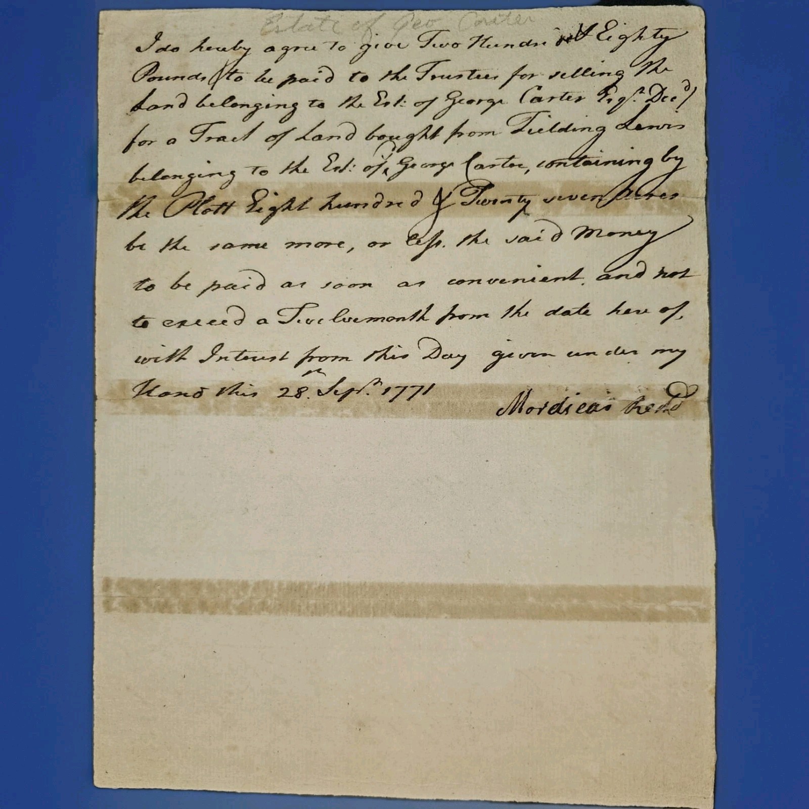 1771 VA Land Sale Mordecai Redd George Carter Estate, Fielding Lewis, Washington